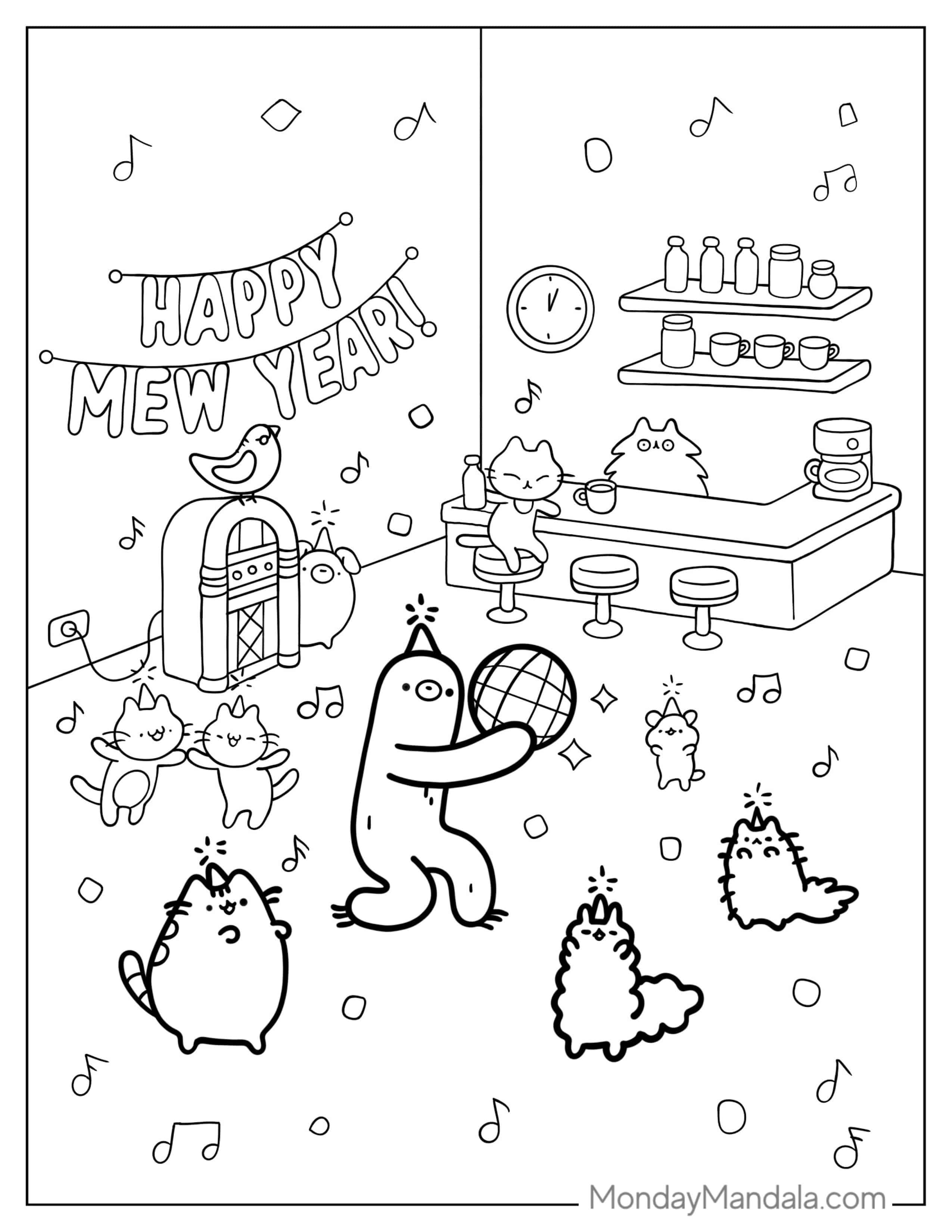 Pusheen Having a Party On NYE coloring page