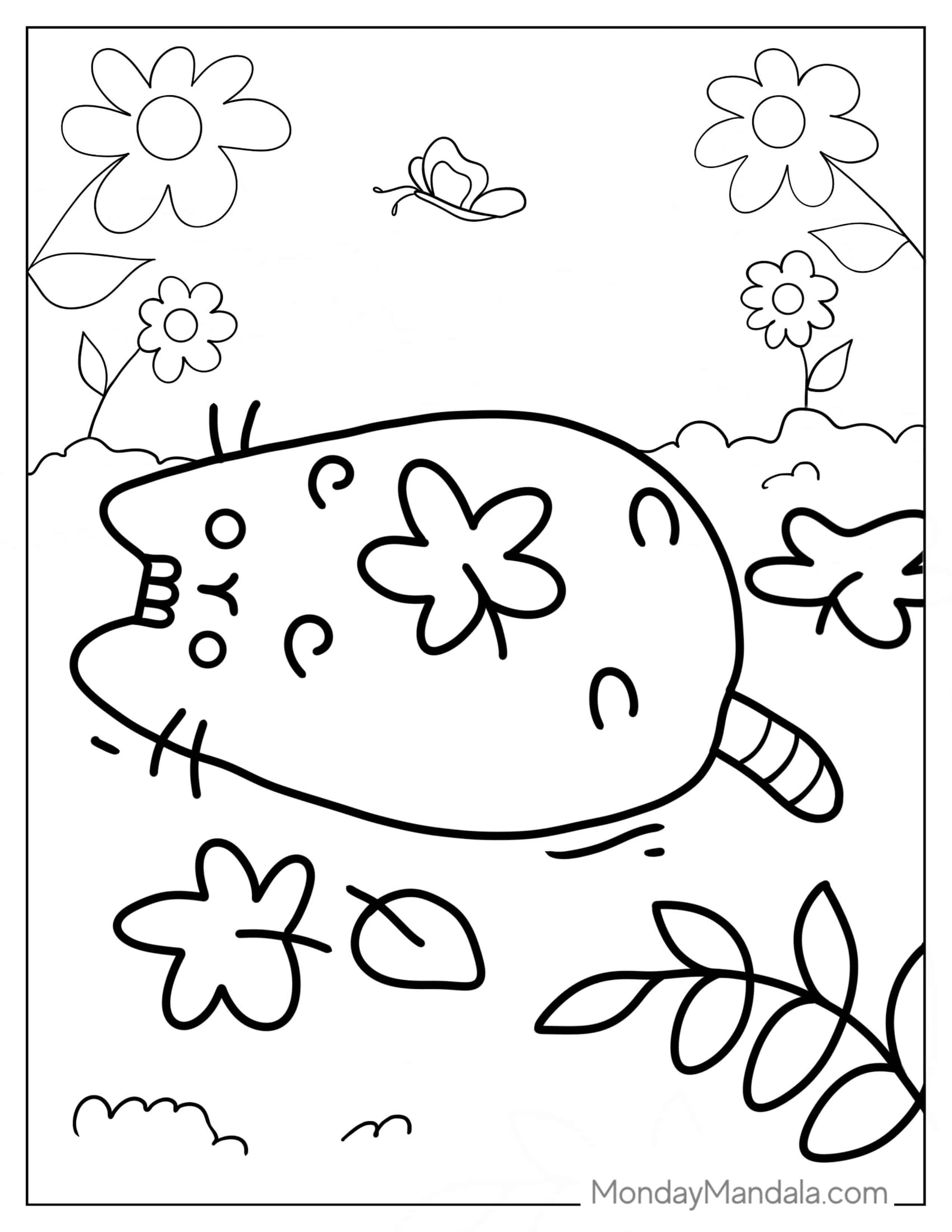 Pusheen Lying In Field With Flowers To Color coloring page