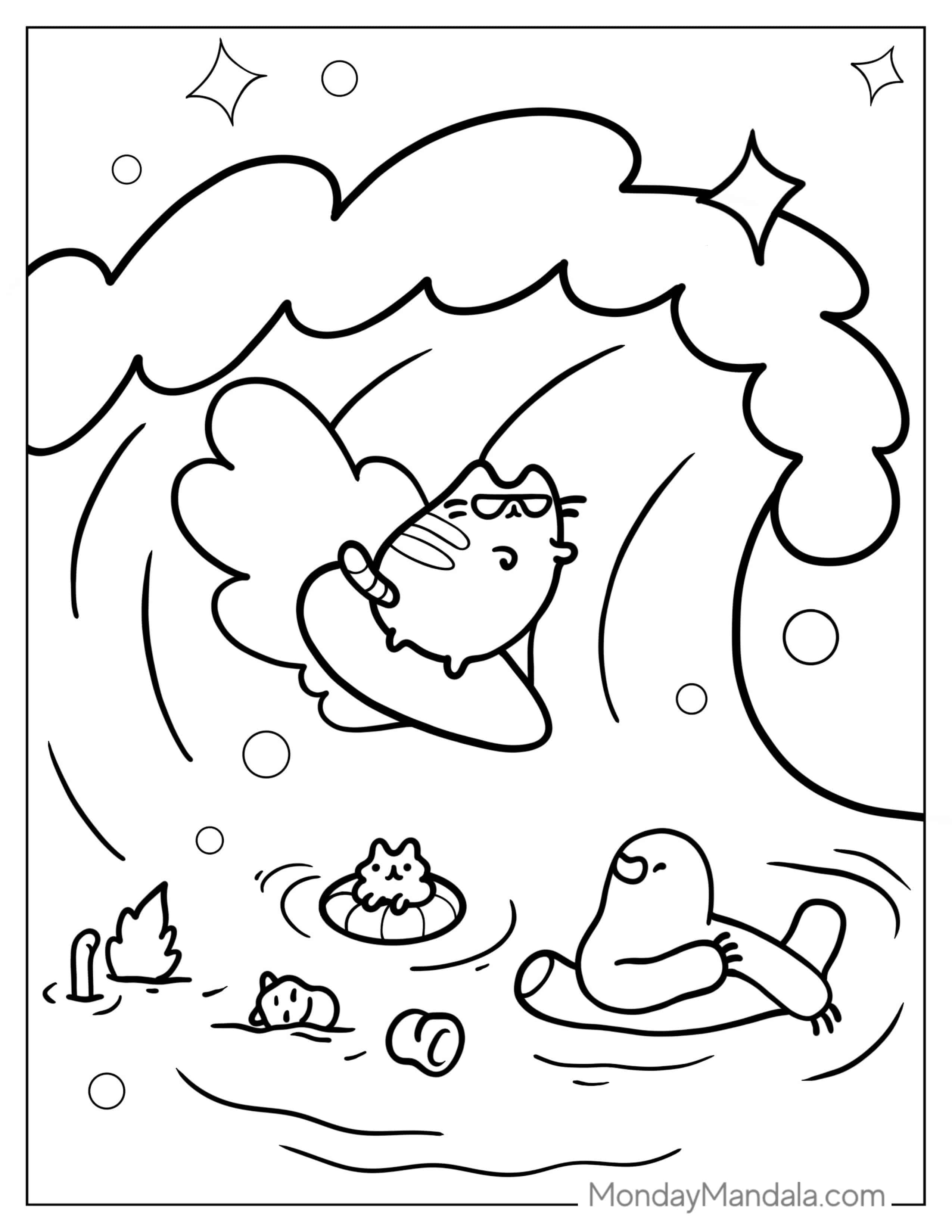 Pusheen Surfing At The Beach coloring page