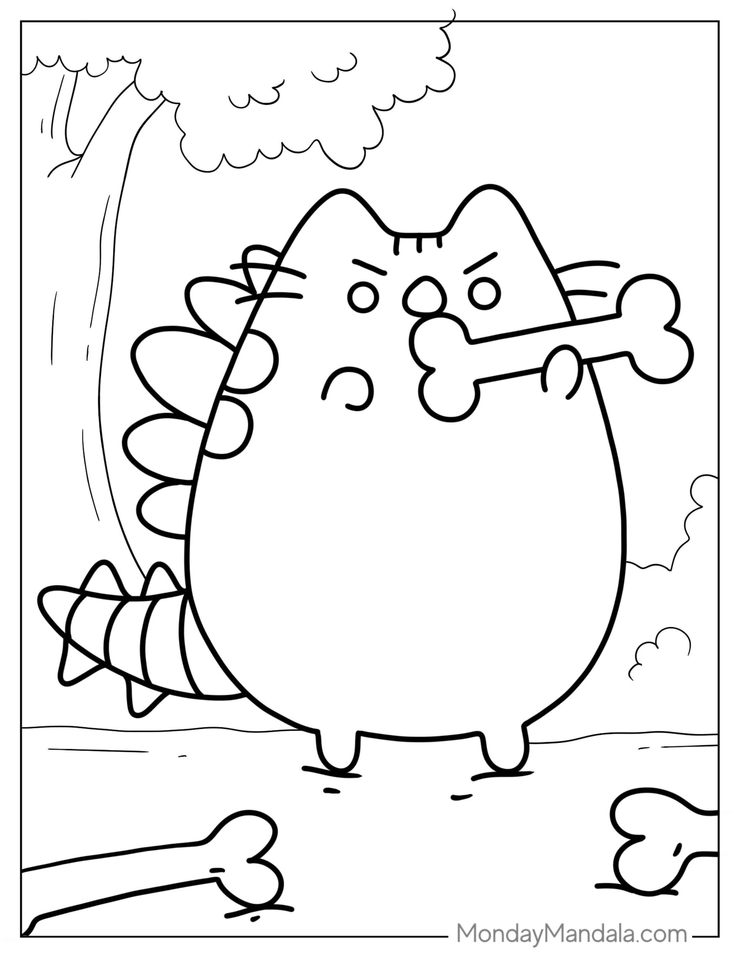 Pusheen T-Rex Dinosaur With Bones coloring page