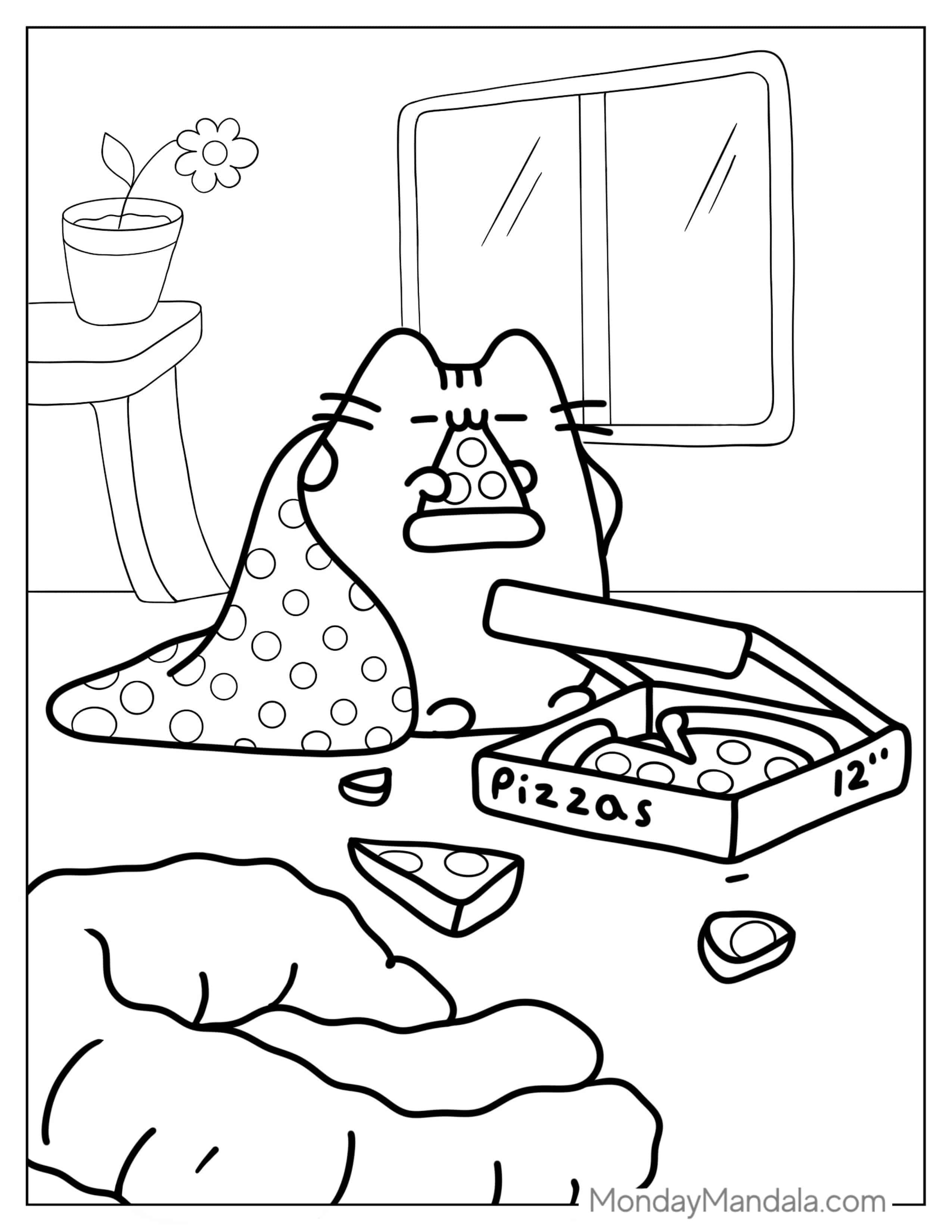 Pusheen Under Blanket Eating Pizza coloring page — printable line art