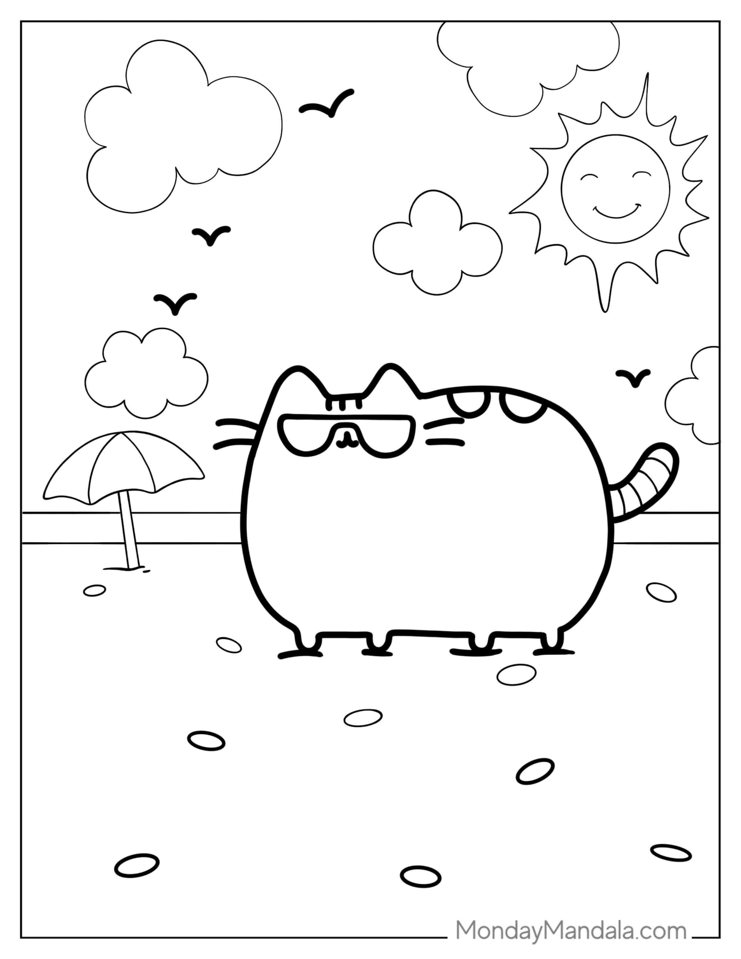 Pusheen Wearing Sunglasses At The Beach coloring page