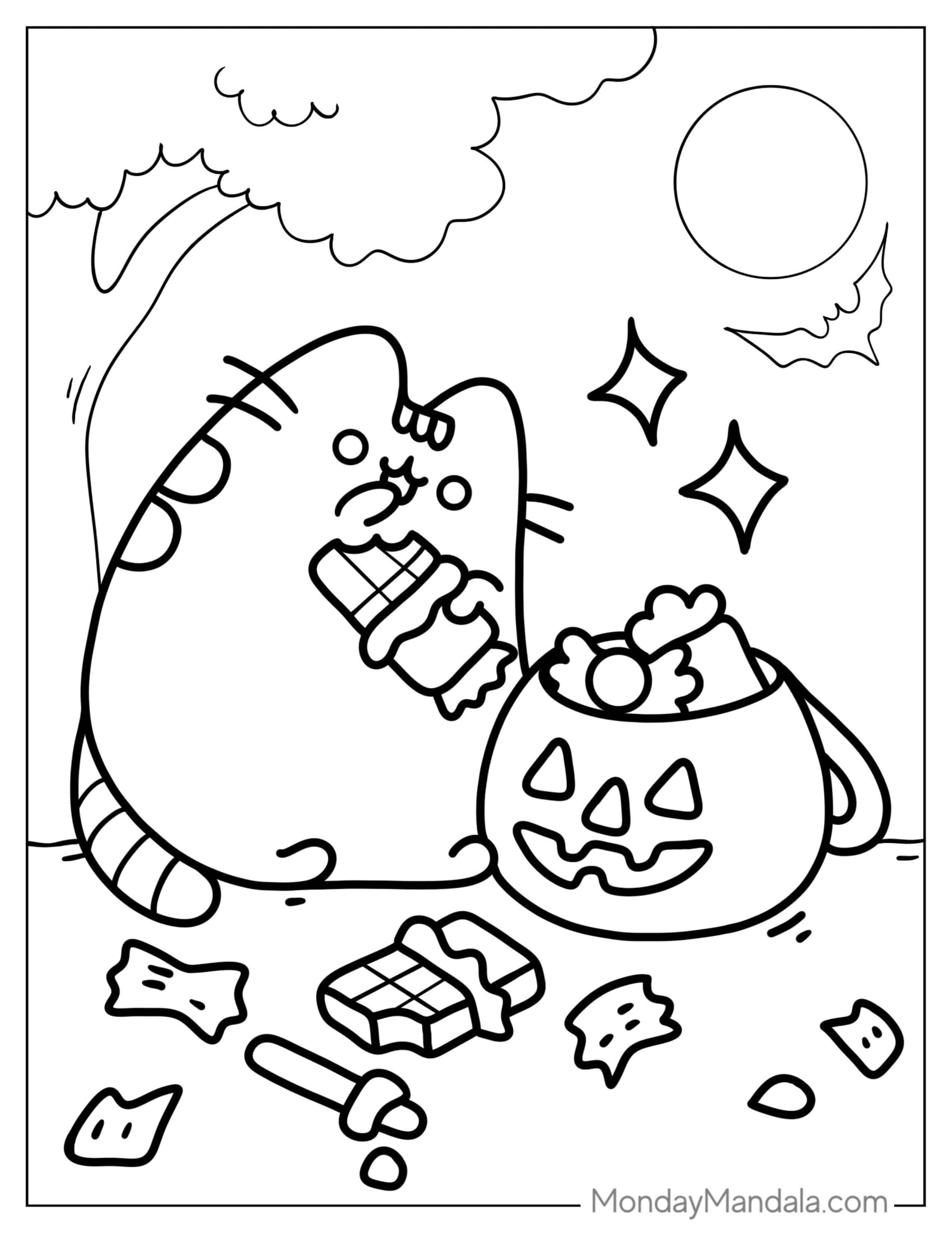 Pusheen With Halloween Candy Coloring Sheet coloring page — printable line art