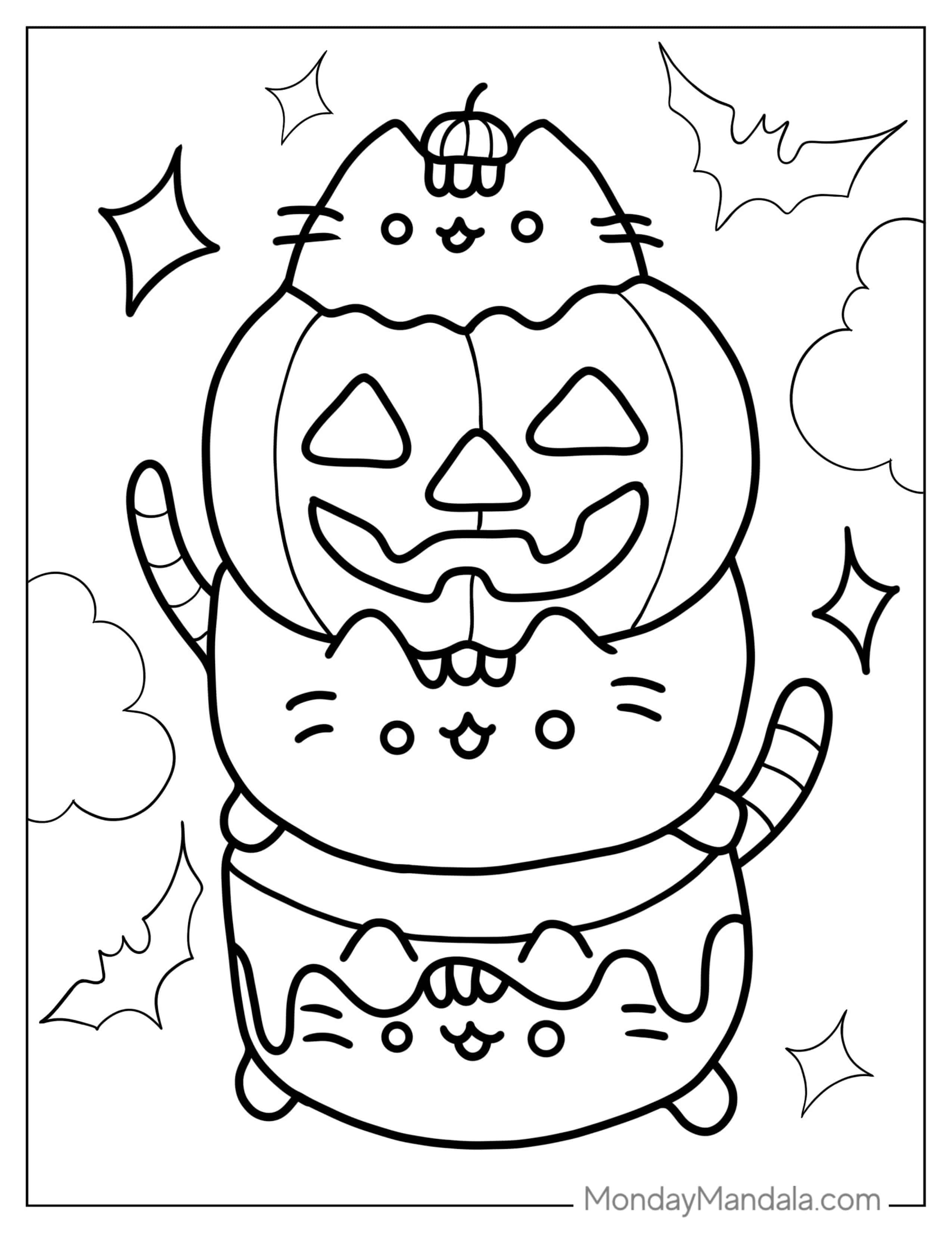 Pusheen With Jack O Lantern During Halloween coloring page — printable line art