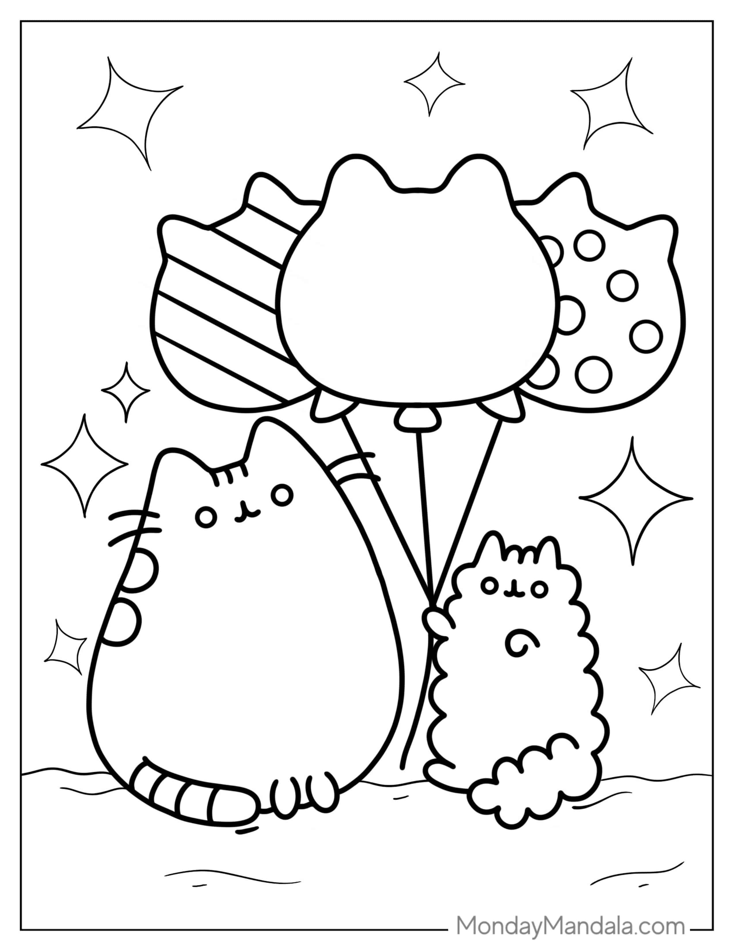 Stormy And Pusheen Holding Balloons To Color coloring page