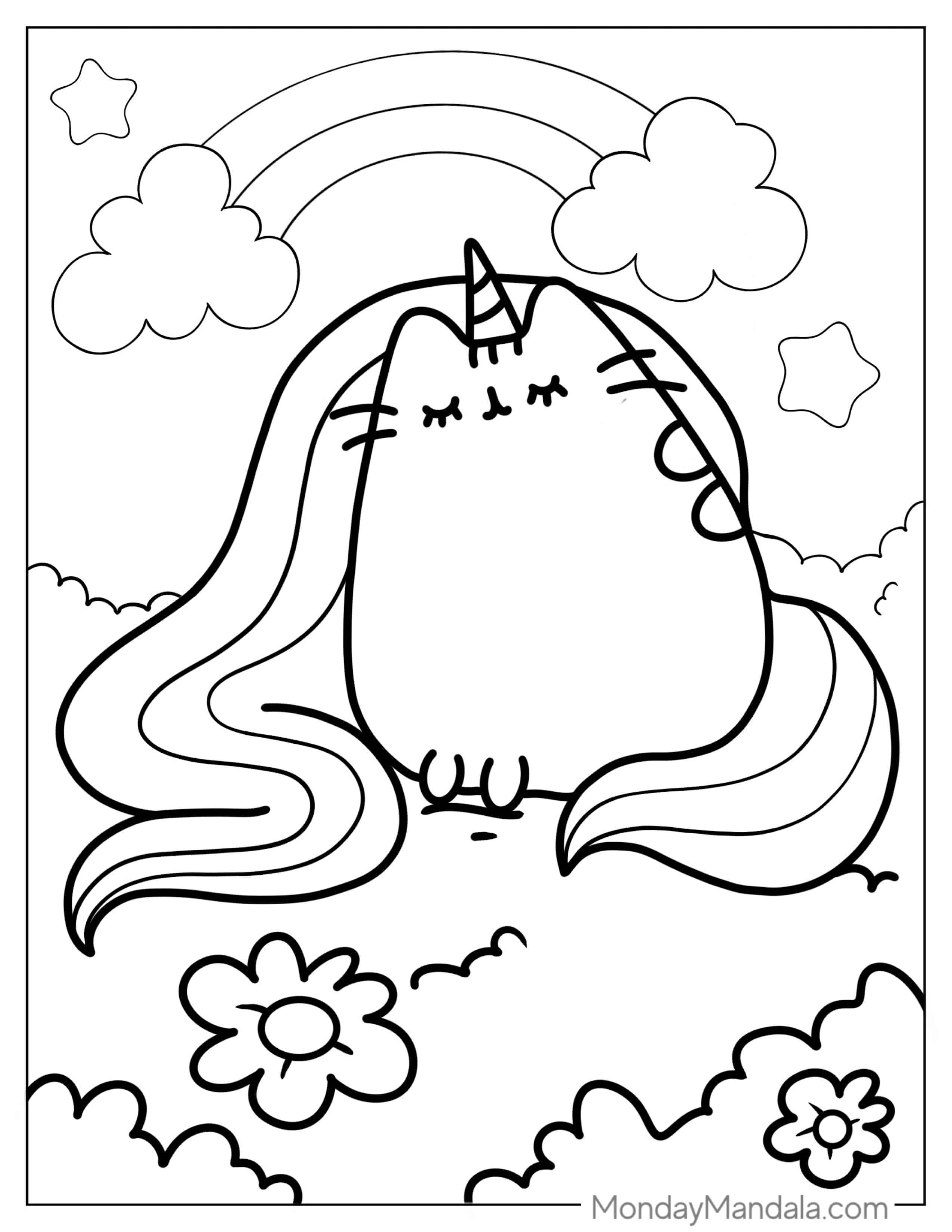 Unicorn Pusheen With Long Rainbow Hair coloring page — printable line art