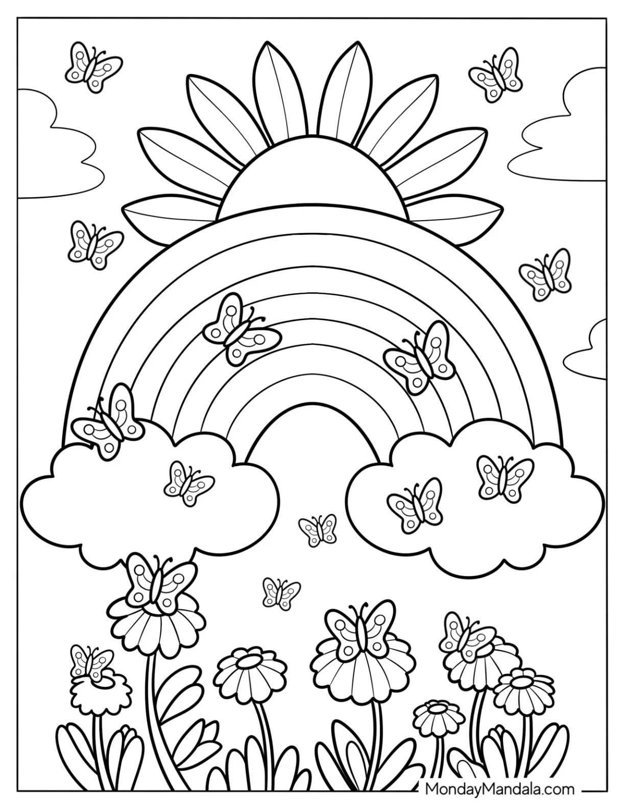 Butterflies Flying Over A Rainbow Coloring Page For Kids coloring page