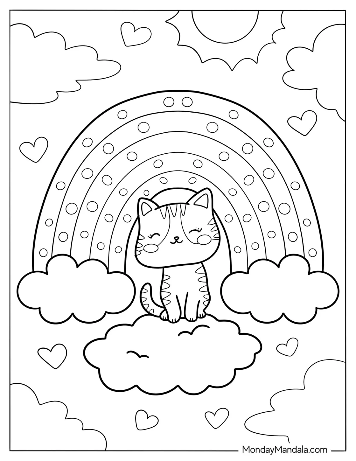 Cat Sitting On A Cloud In The Middle Of A Rainbow coloring page