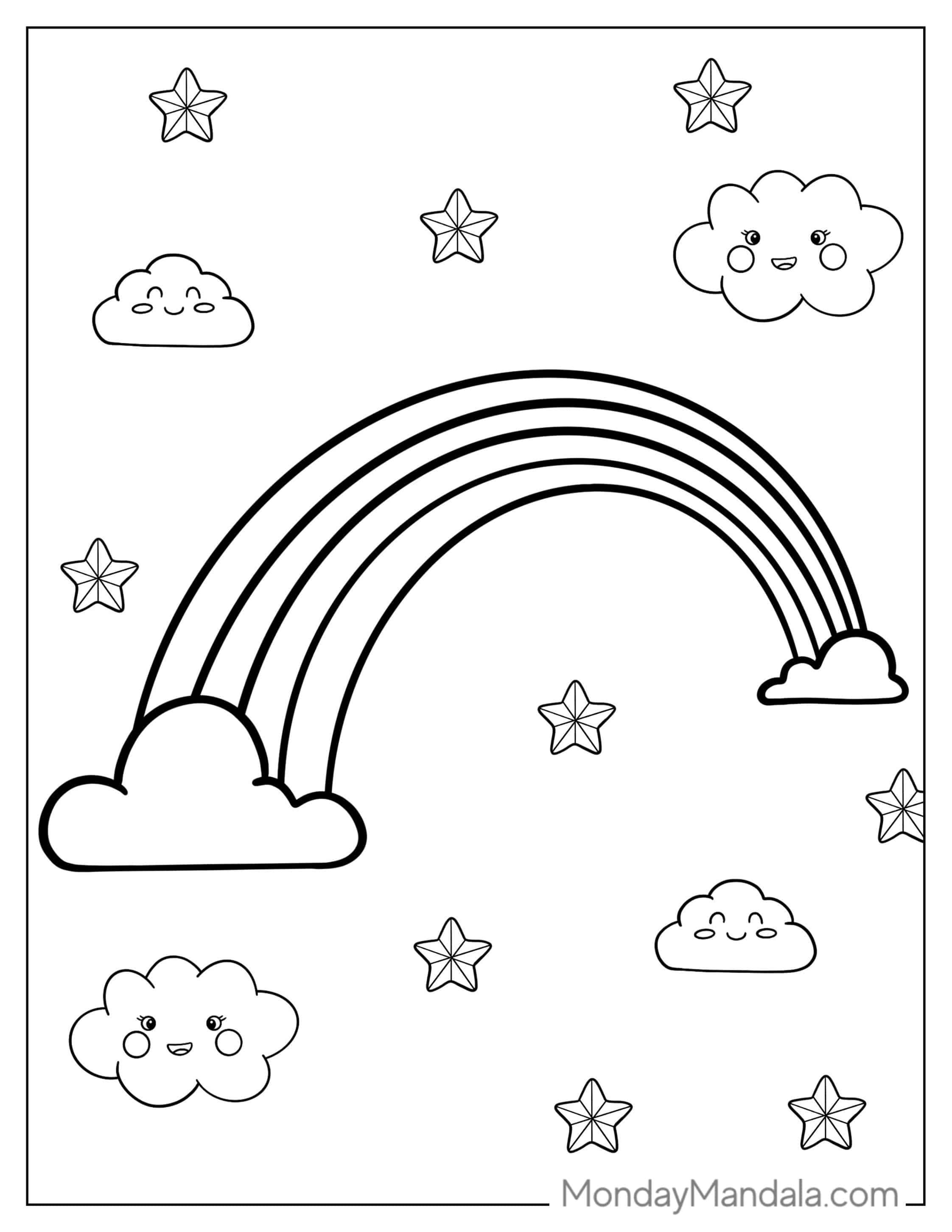 Coloring Page Of a Rainbow With Clouds And Stars coloring page