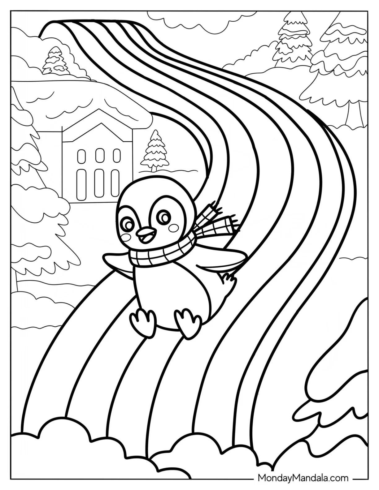 Cute Penguin With A Scarf Sliding Down A Rainbow coloring page
