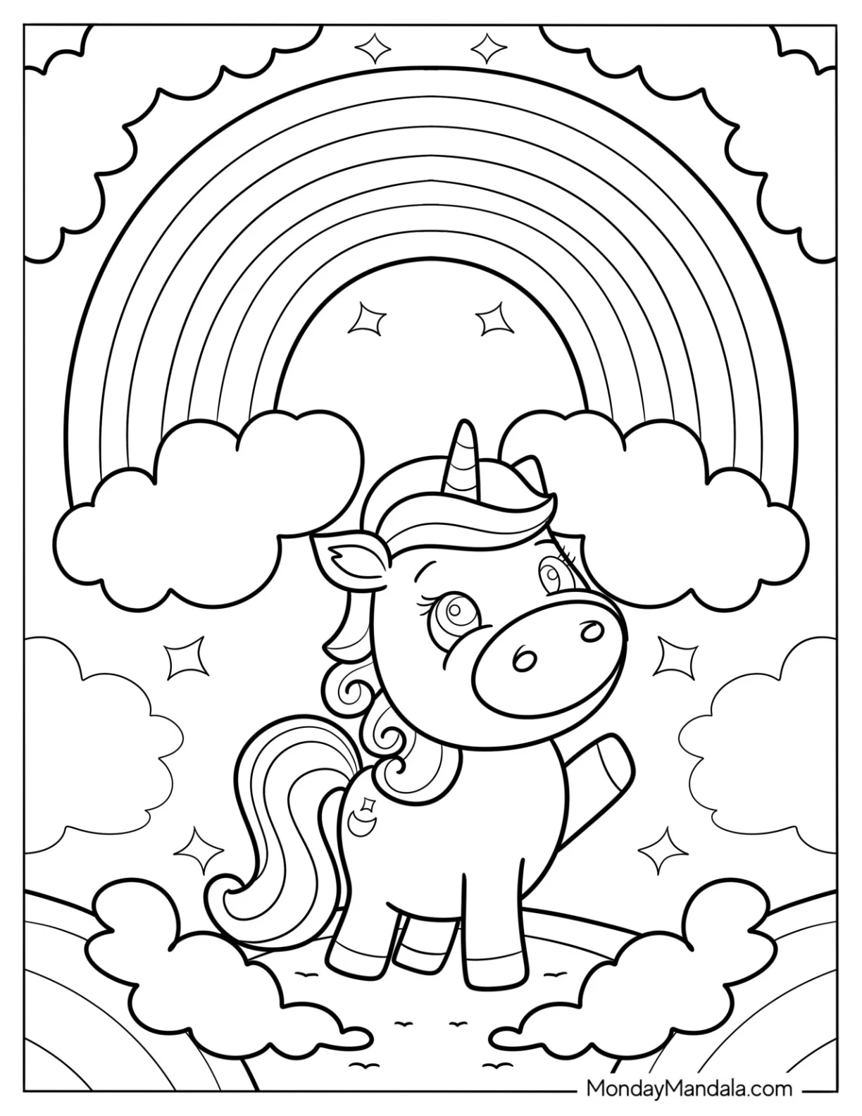 Cute Unicorn Bellow A Rainbow Coloring Page coloring page