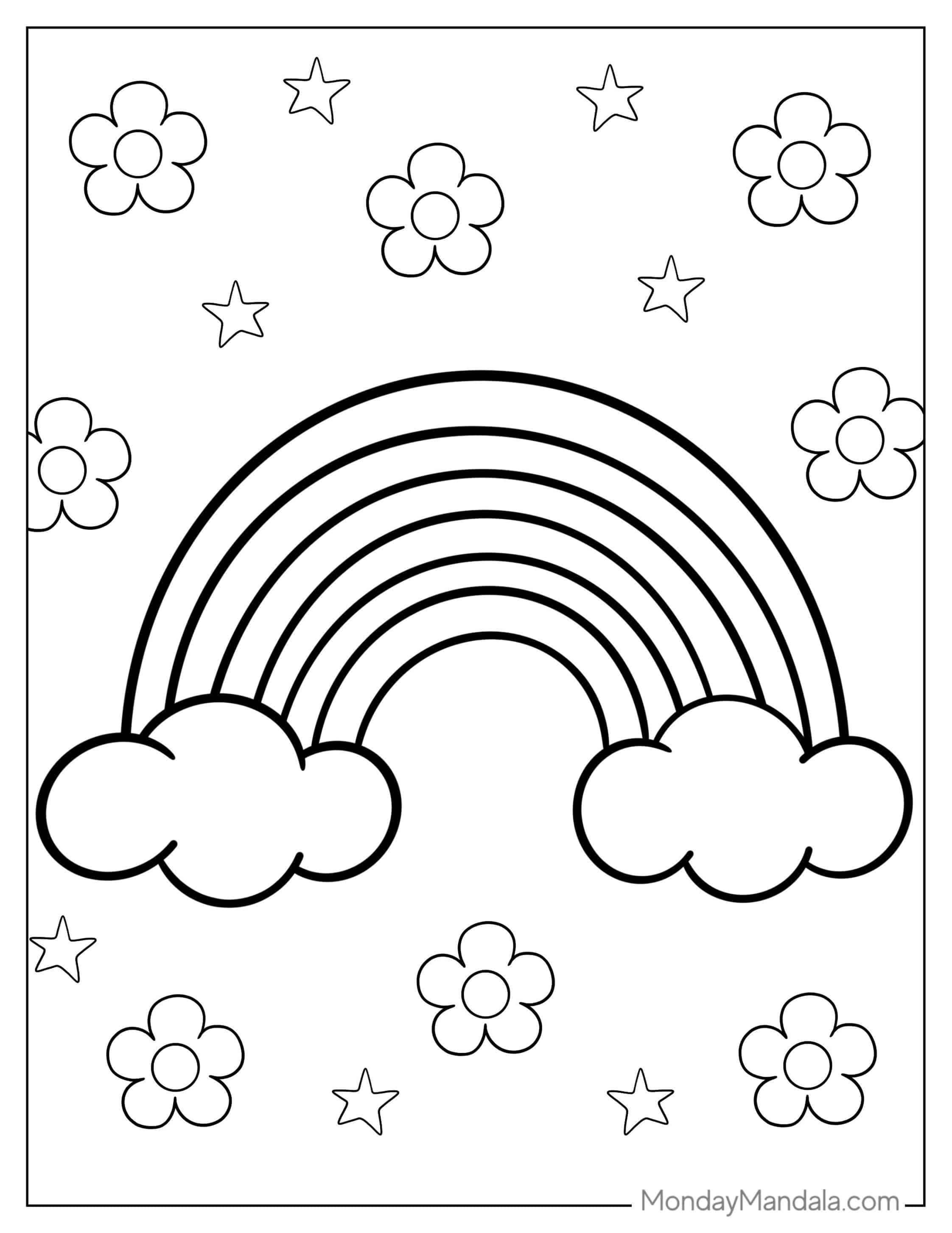 Easy Rainbow With Flowers Coloring Page For Preschoolers coloring page