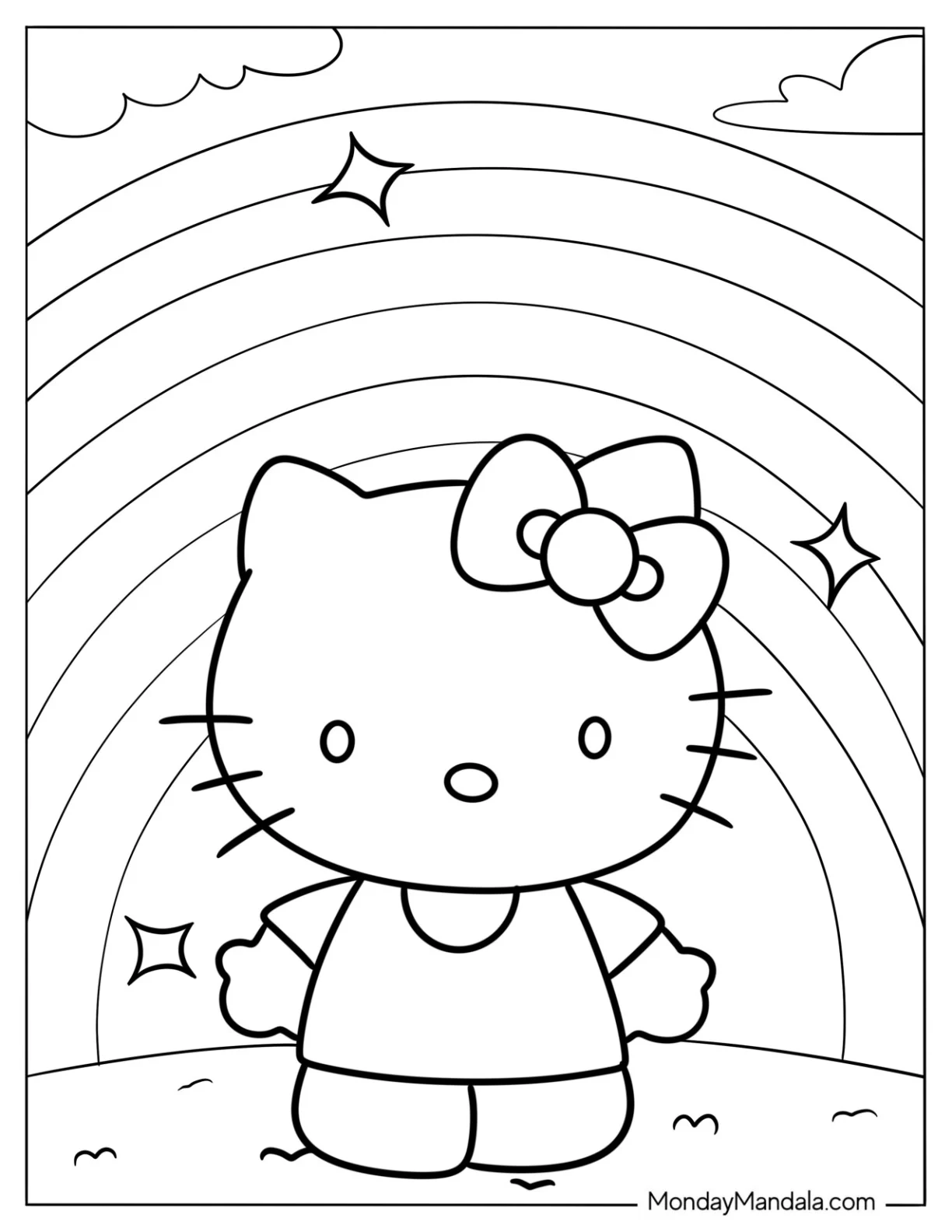 Hello Kitty With A Rainbow Coloring Page Background For Kids coloring page — printable line art