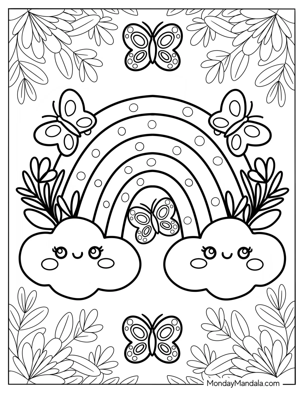 Kawaii Polka Dot Rainbow Coloring Page With Clouds, Flowers, And Butterflies For Kids coloring page — printable line art