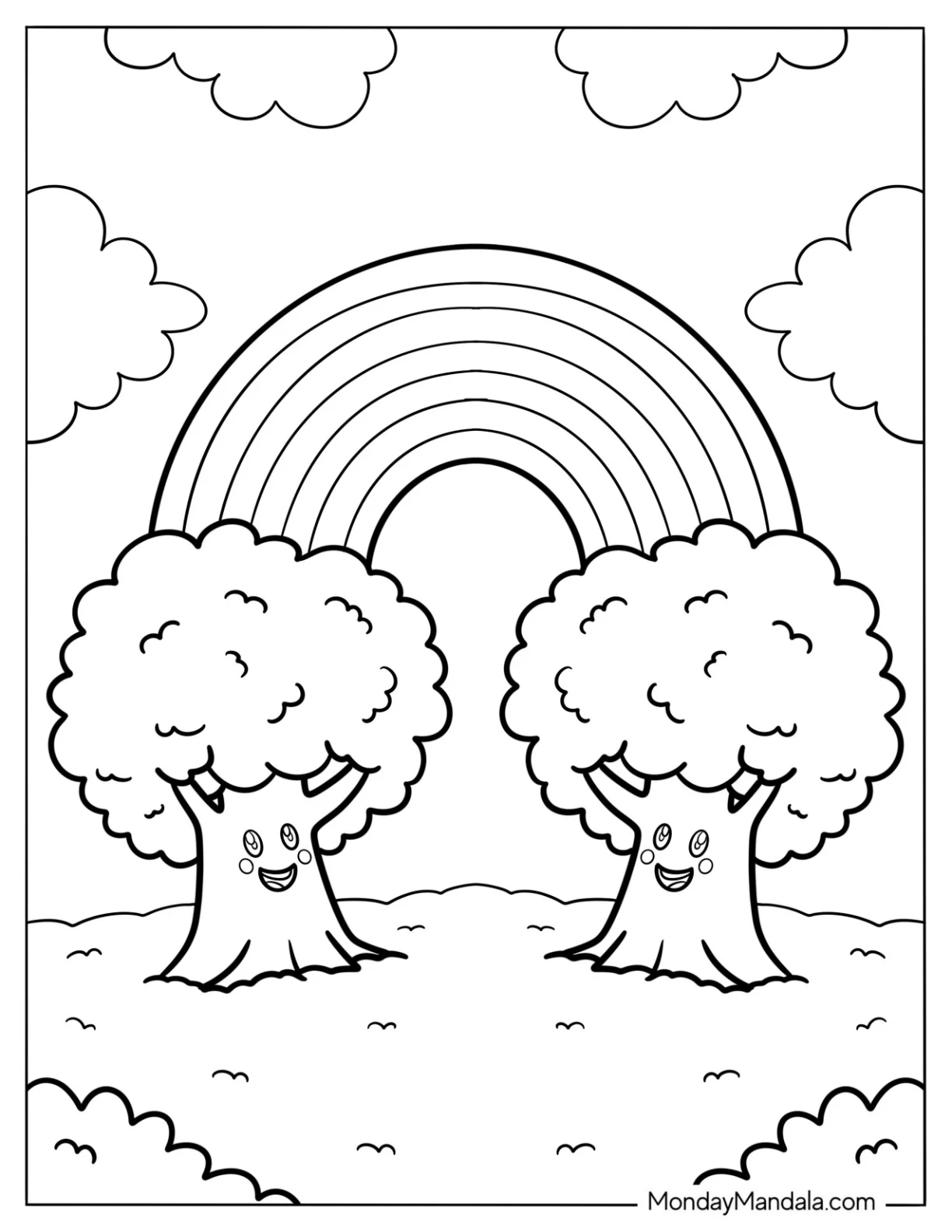Rainbow Coloring Page Between Two Large Trees coloring page — printable line art