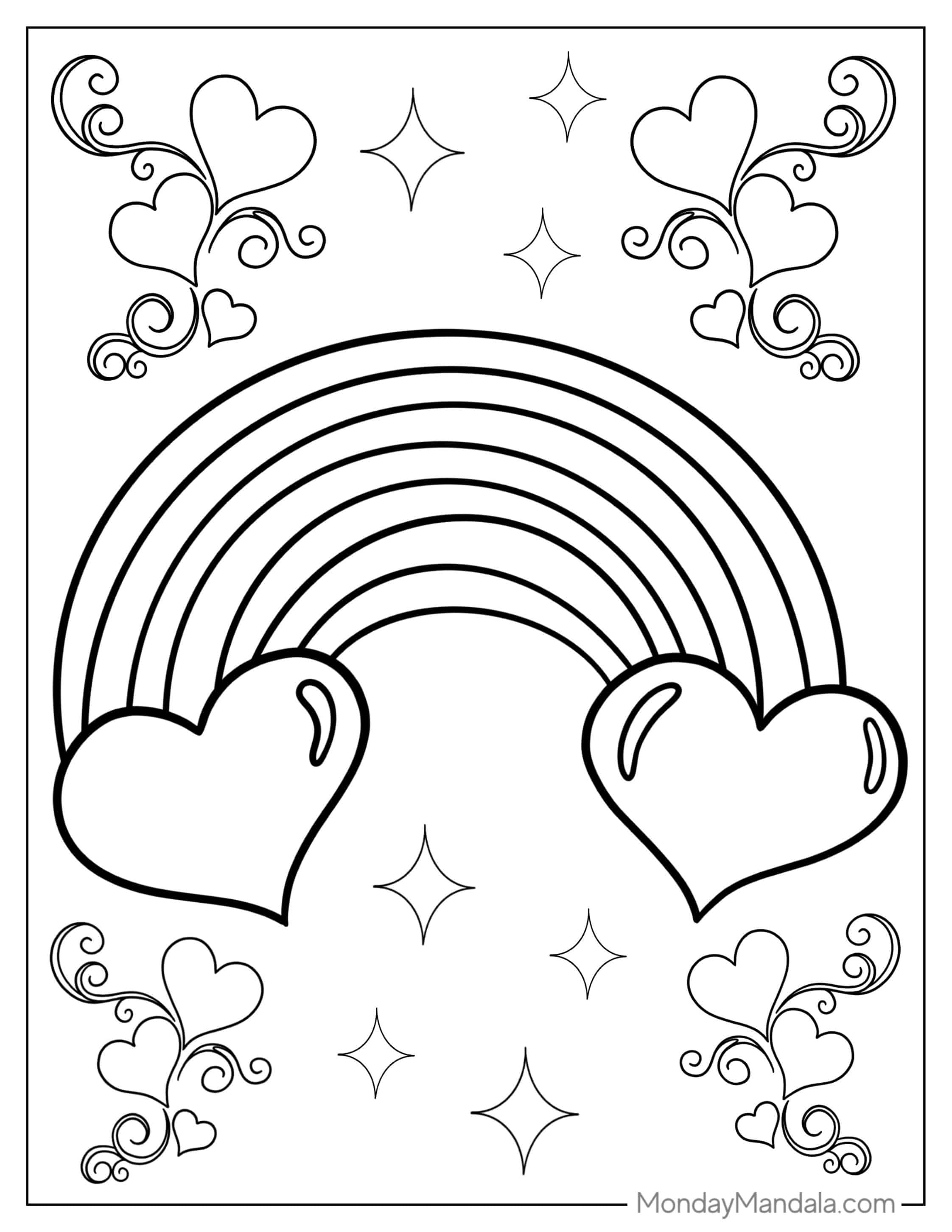 Rainbow Coloring Page With Love Heart Clouds coloring page