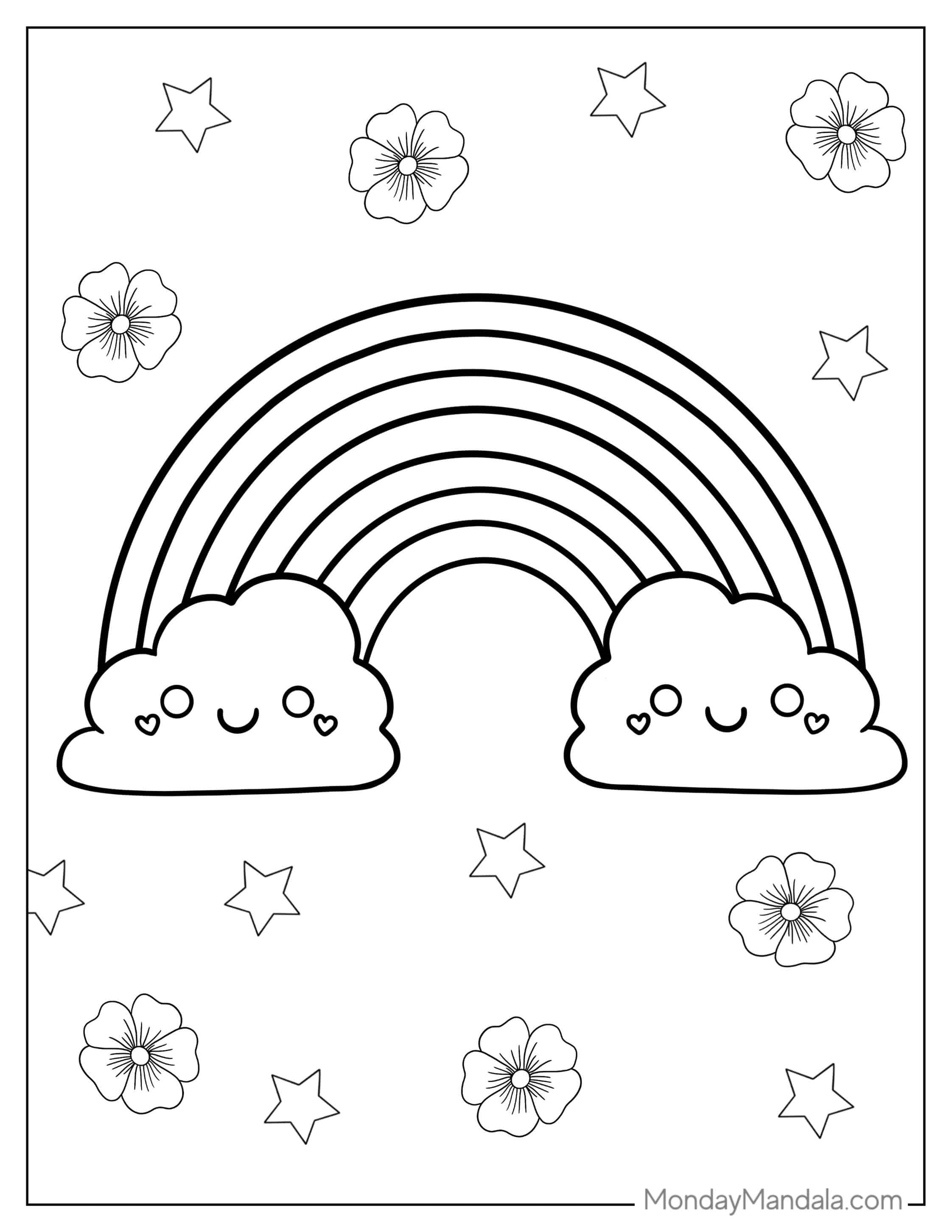 Rainbow With Smiling Clouds To Color coloring page — printable line art