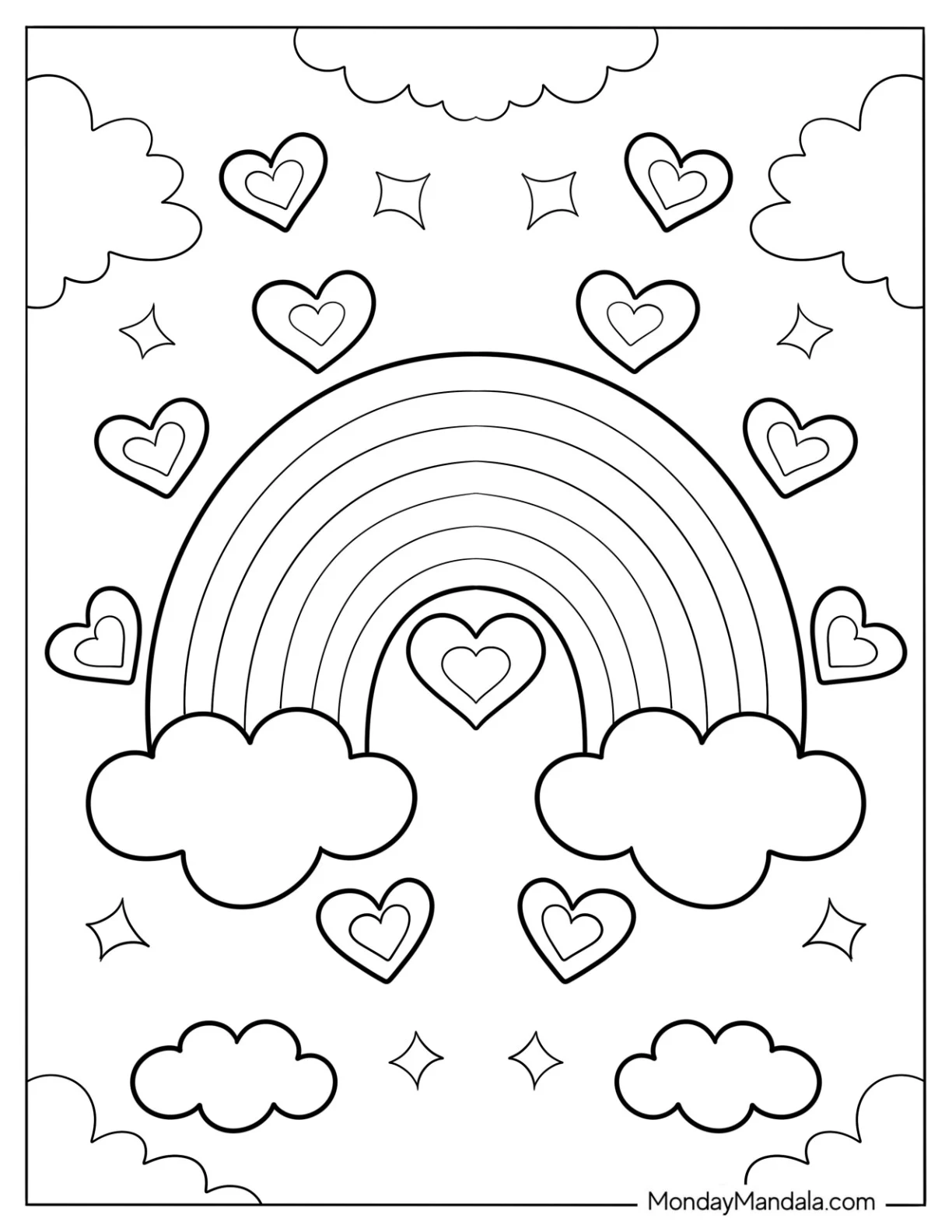 Small Rainbow Coloring Page Surrounded By Love Hearts For Kids coloring page — printable line art