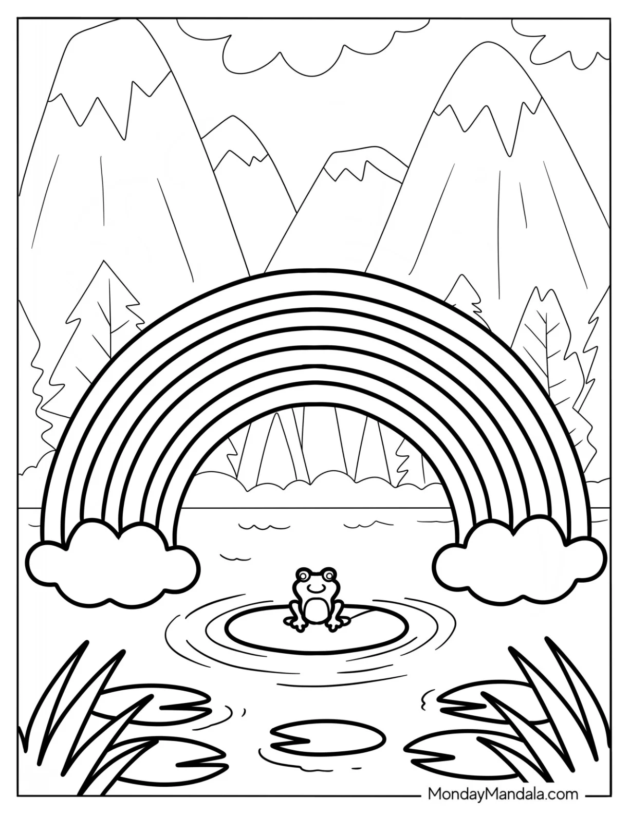 Smiling Frog Sitting Below A Rainbow Coloring Page coloring page — printable line art