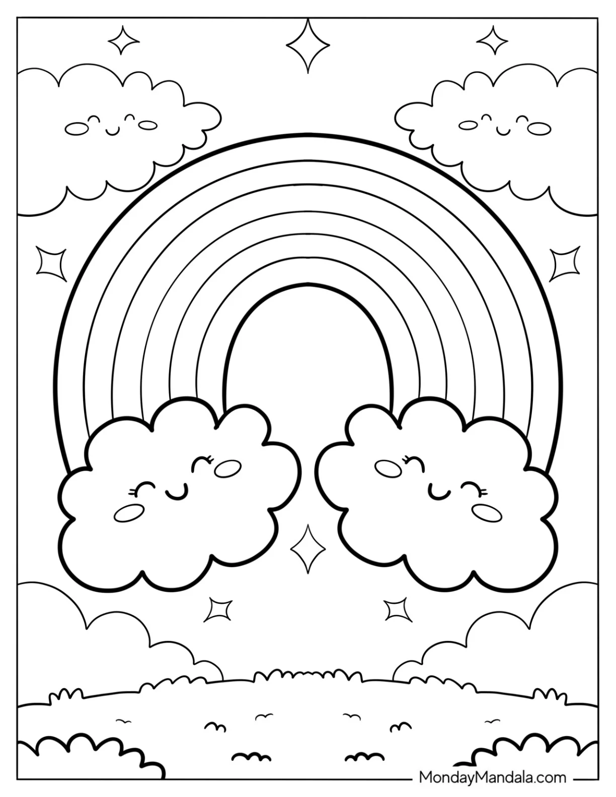 Sparkling Rainbow In Cloudy Sky Coloring Sheet coloring page — printable line art