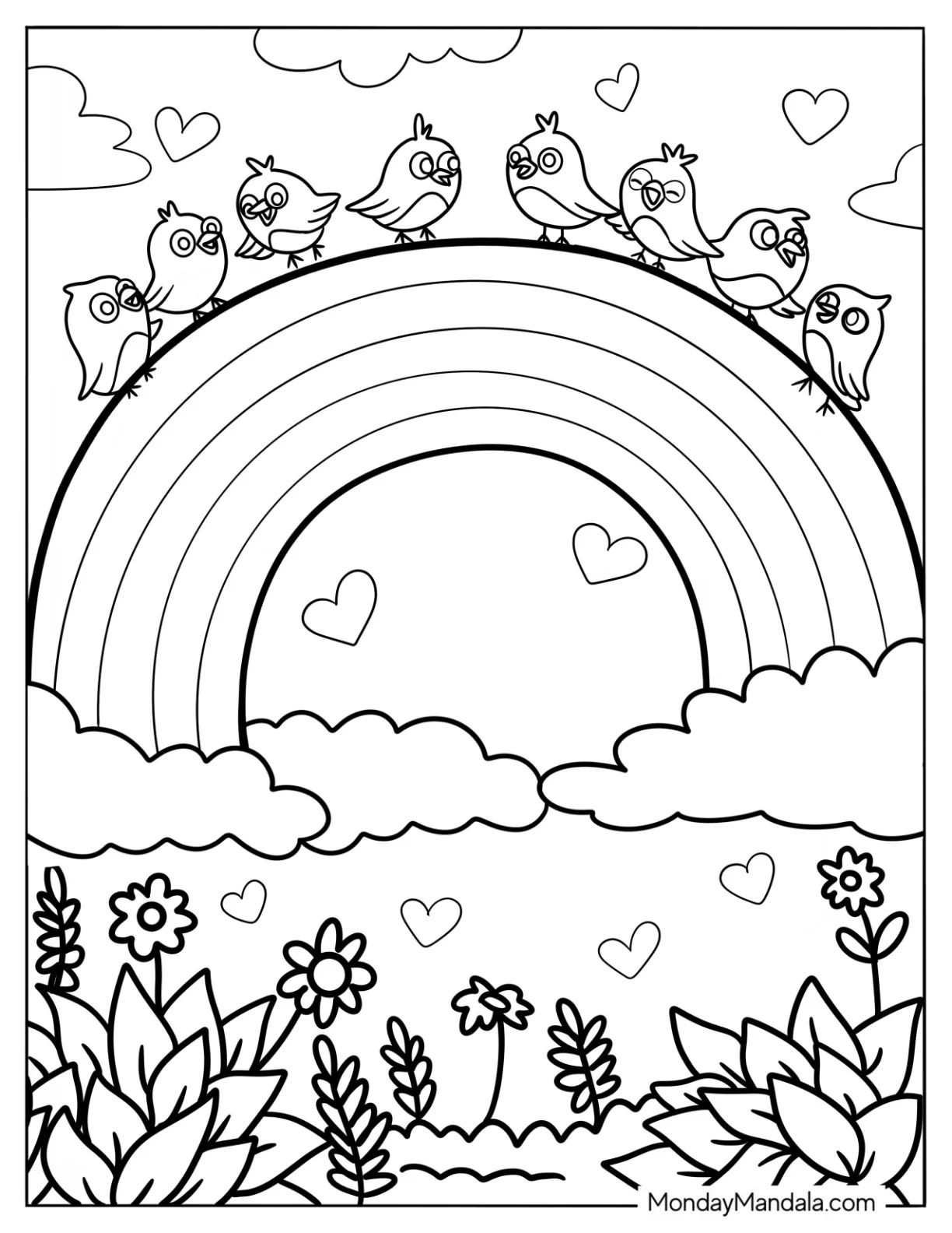 Tiny Birds Perched On Top Of A Rainbow coloring page — printable line art