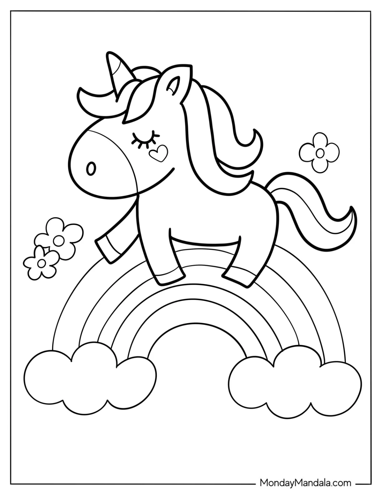 Unicorn Strolling On A Rainbow Coloring Sheet For Preschoolers coloring page