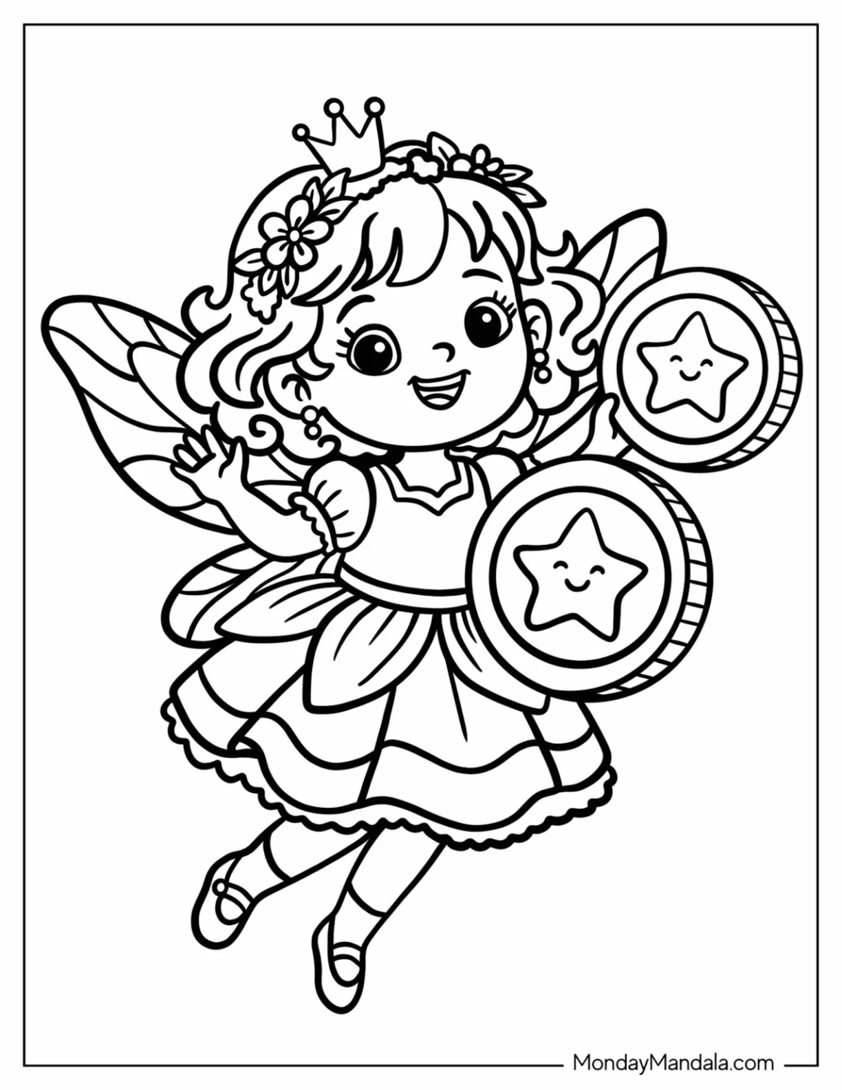 Adorable Tooth Fairy with Two Gold Coins Coloring Page coloring page
