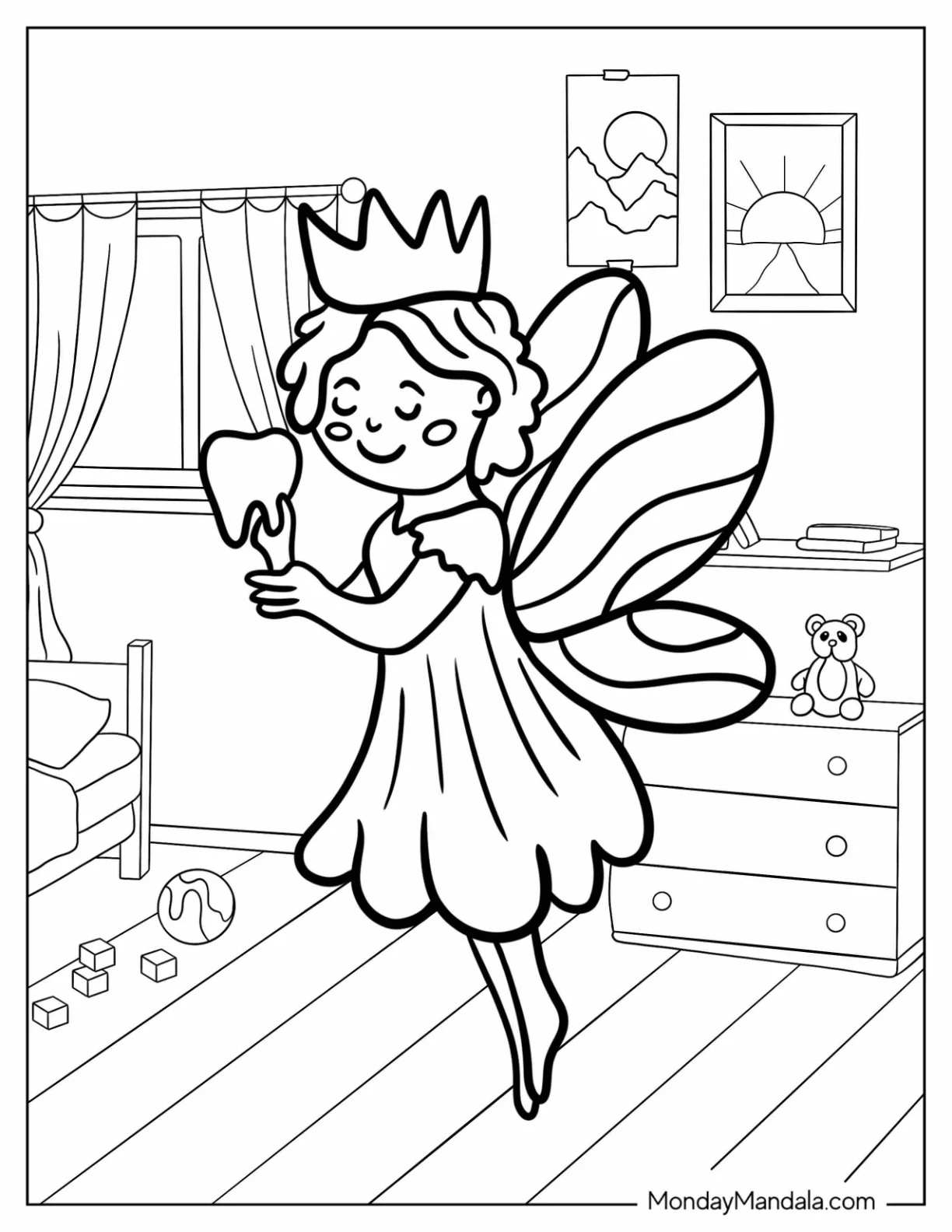 Beautiful Tooth Fairy Coloring Page Holding A Tooth coloring page — printable line art