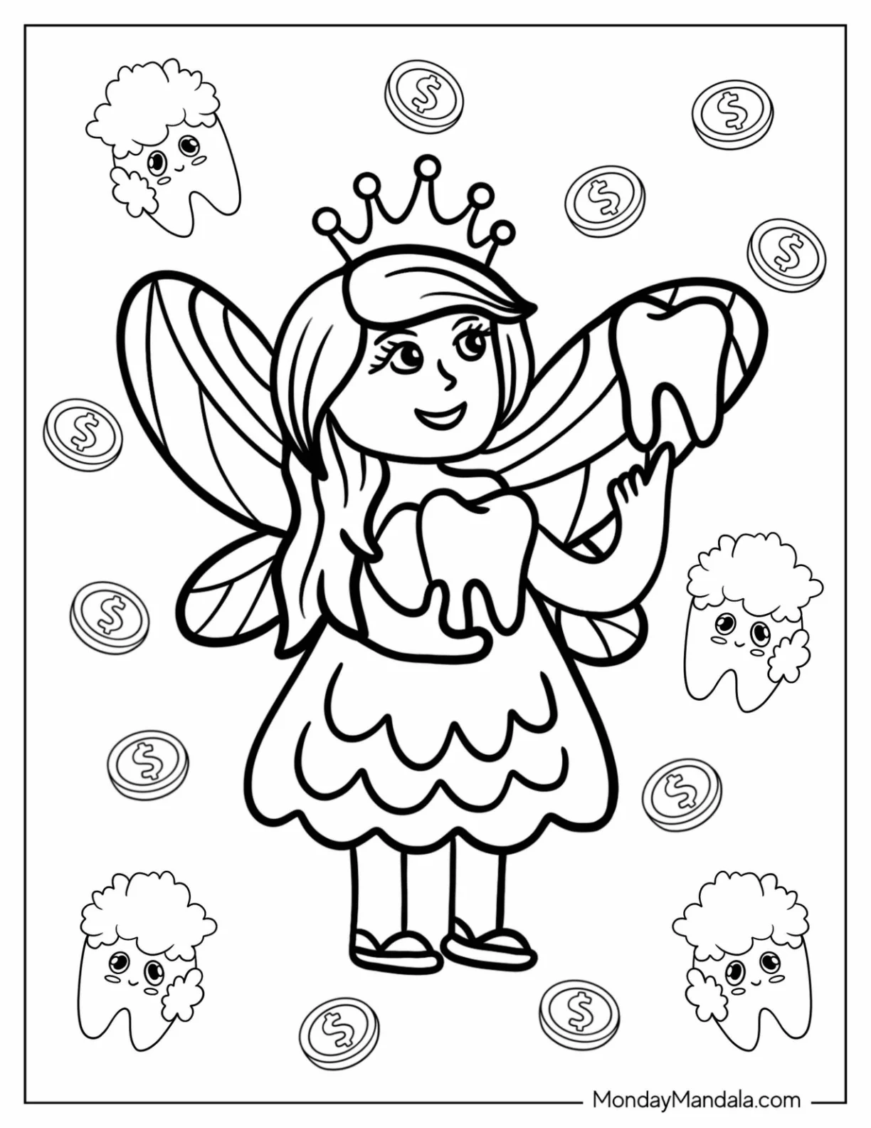 Cartoon Tooth Fairy Coloring Page Holding Teeth coloring page