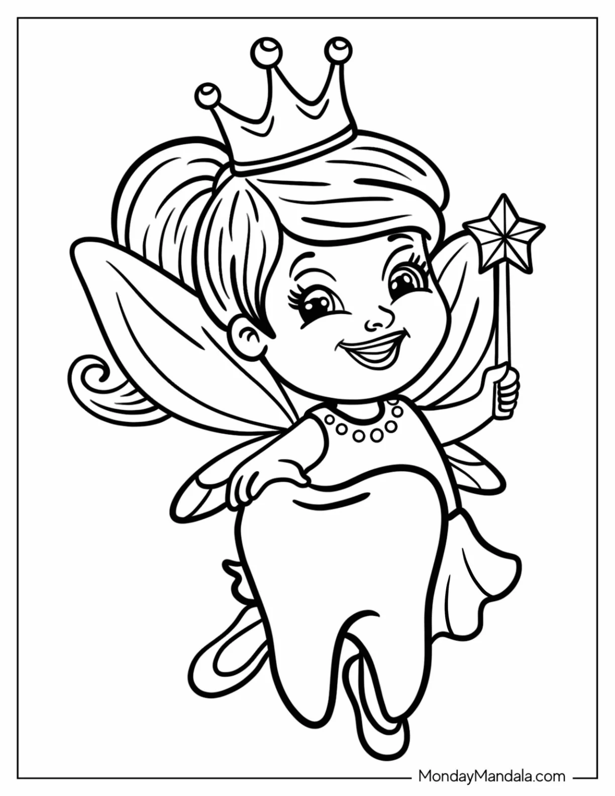 Cheerful Tooth Fairy Coloring Page With A Star Wand For Kids coloring page