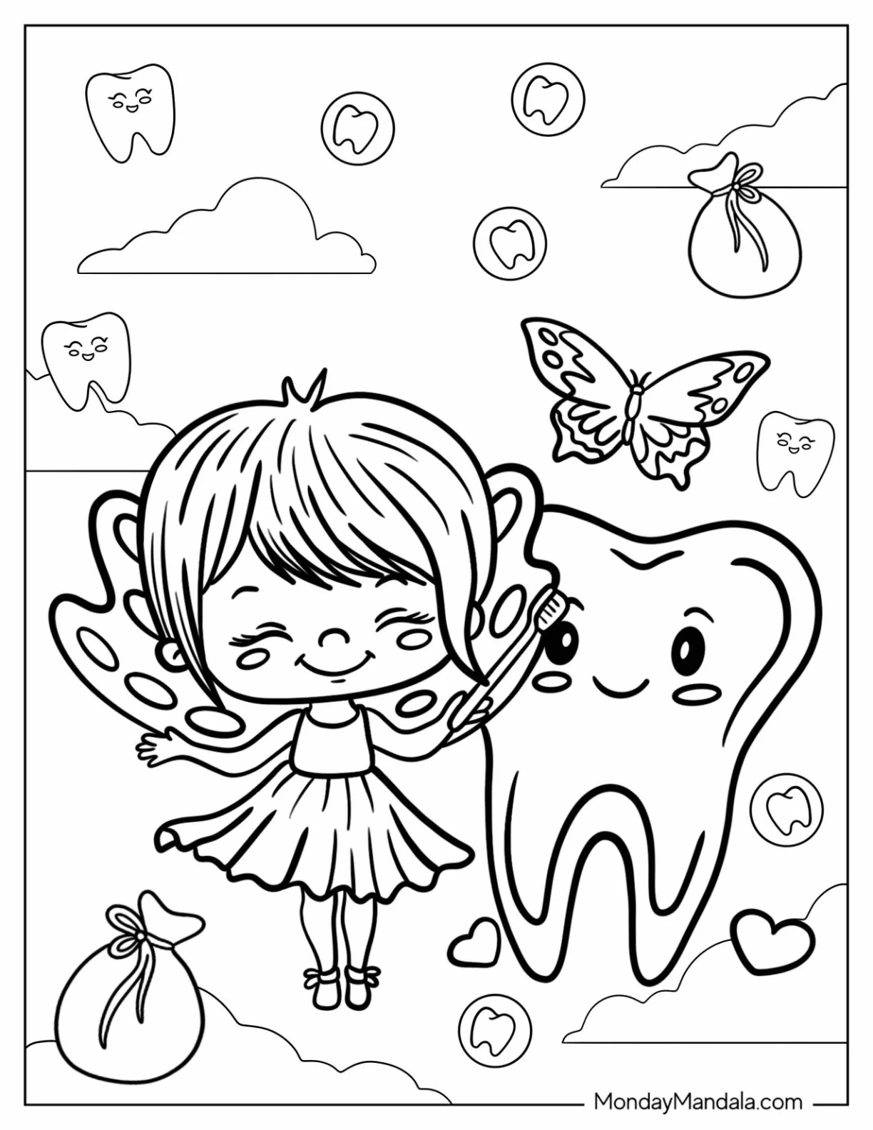 Chibi Tooth Fairy Coloring Page With A Large Tooth coloring page