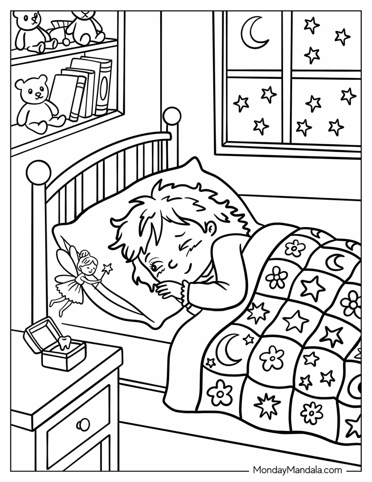 Child Watching a Tooth Fairy Collect His Tooth coloring page — printable line art