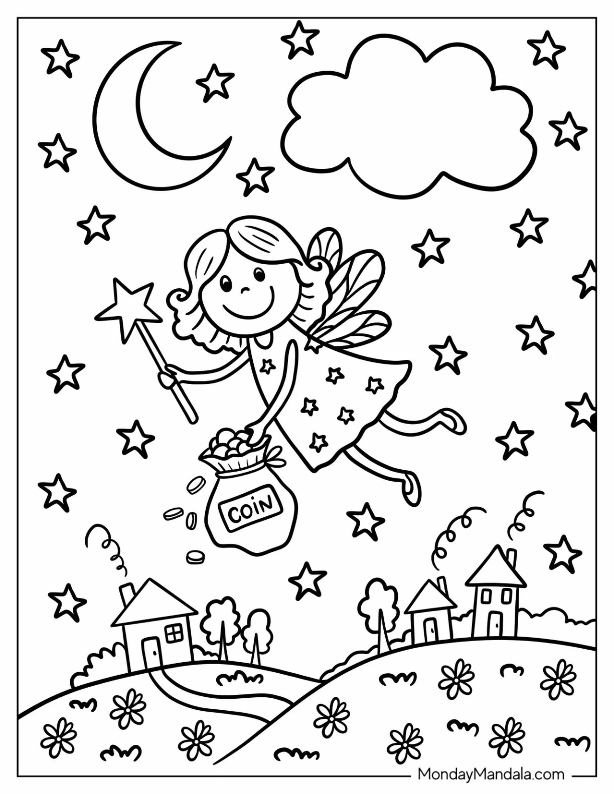 Easy Tooth Fairy Flying with a Bag of Coins Coloring Page for Kids coloring page — printable line art