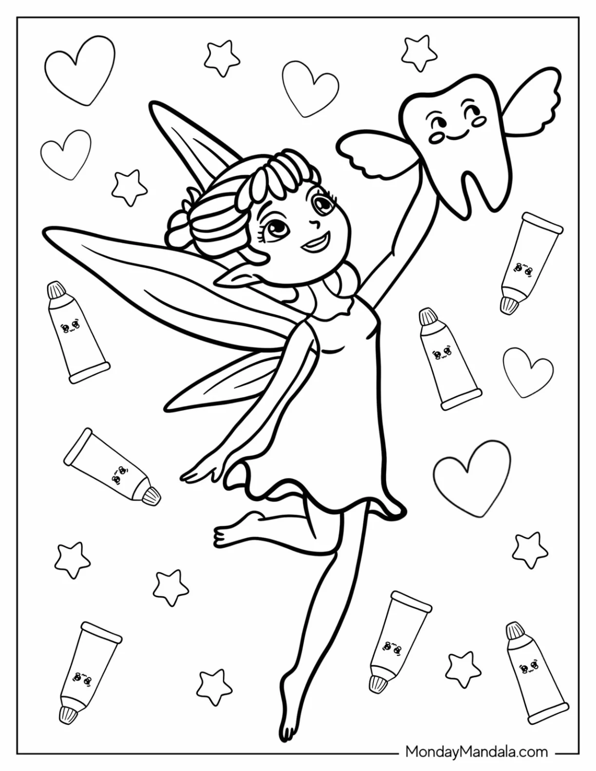 Kawaii Tooth Fairy Coloring Page Holding A Tooth coloring page — printable line art