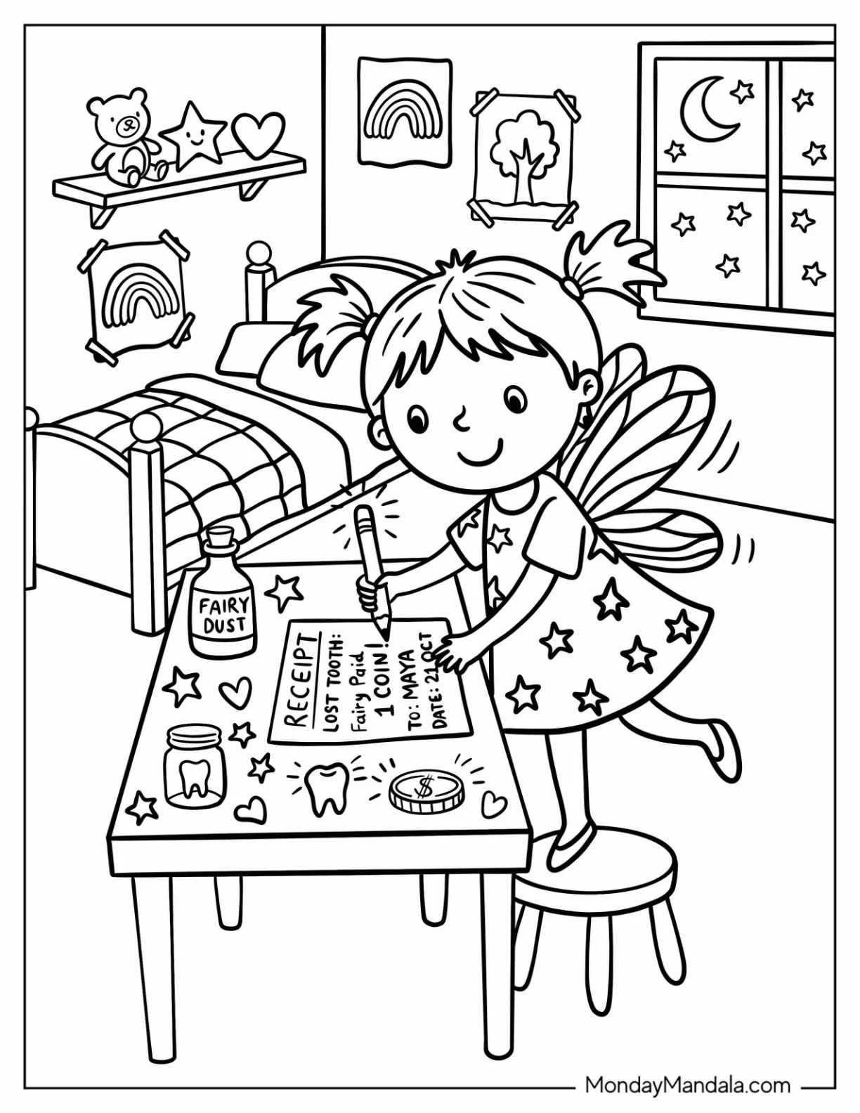 Kawaii Tooth Fairy Making a Lost Tooth Poster coloring page — printable line art