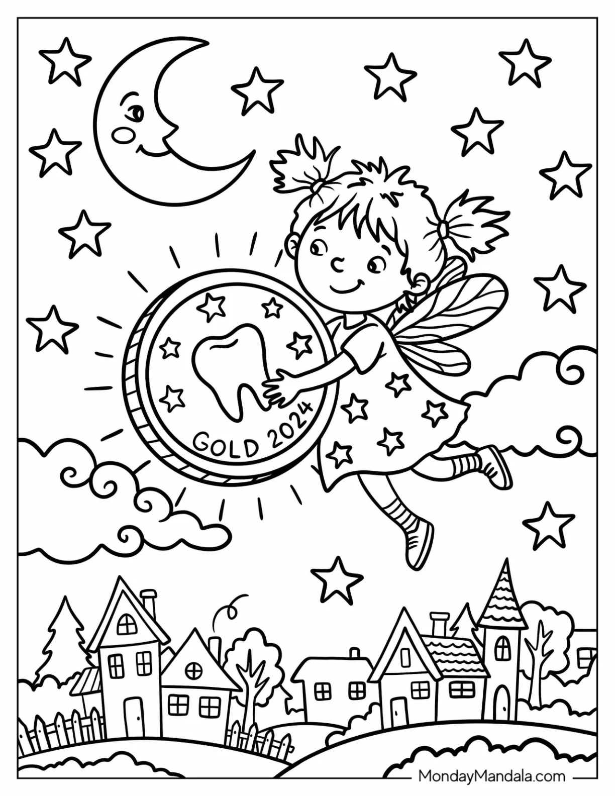 Little Tooth Fairy Carrying a Massive Gold Coin Coloring Page coloring page — printable line art