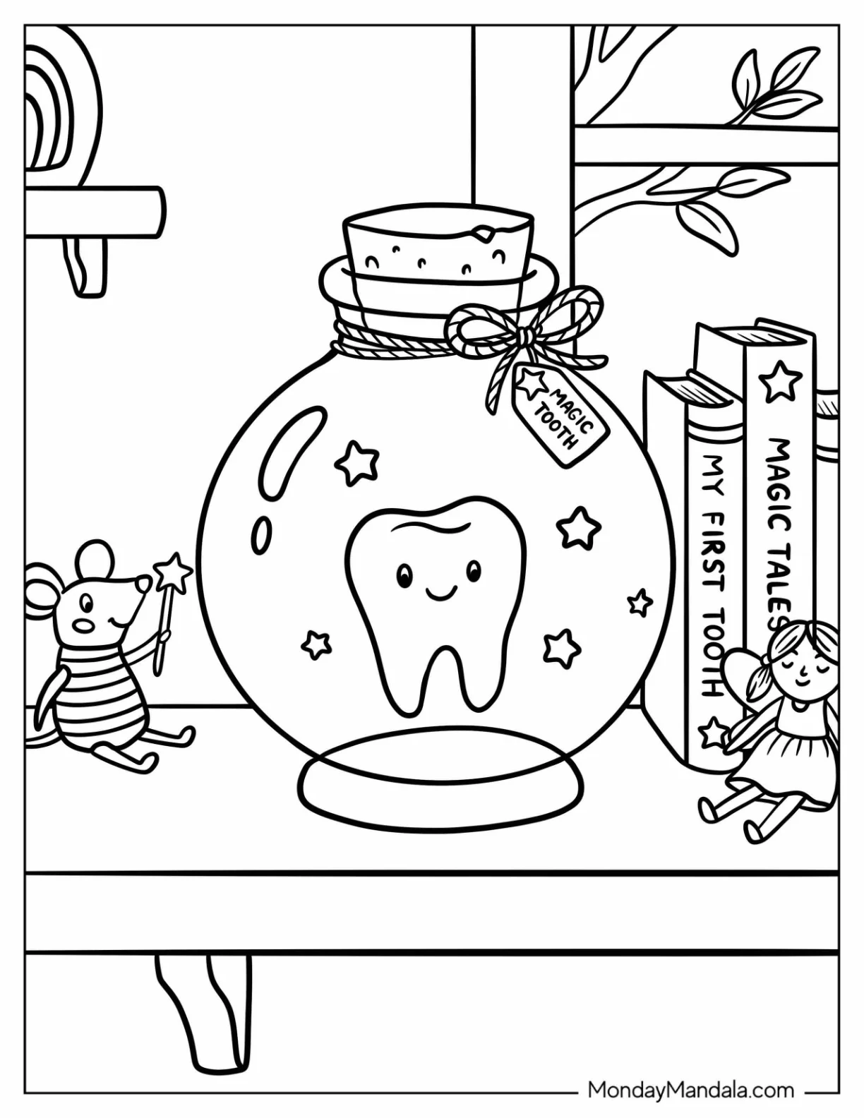 Magic Tooth in a Jar with Stars Coloring Sheet coloring page — printable line art