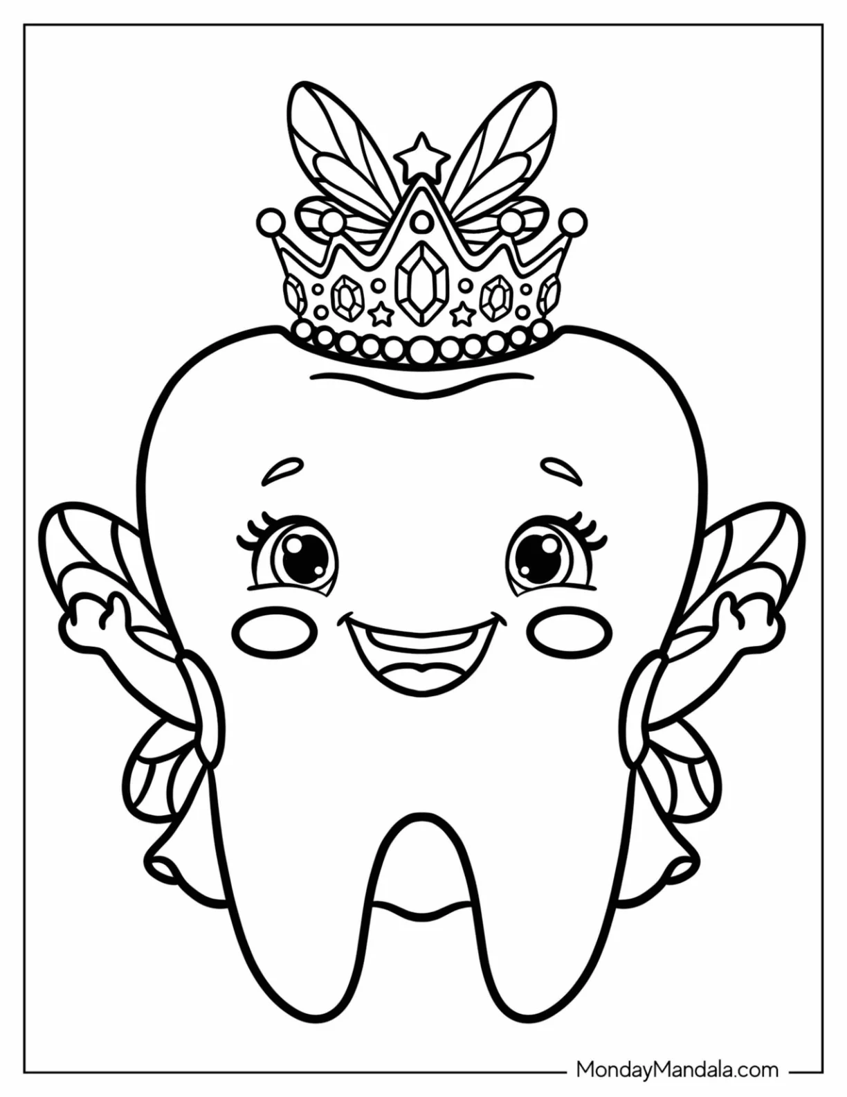 Pretty Tooth Fairy with a Crown Coloring Page for Kids coloring page — printable line art