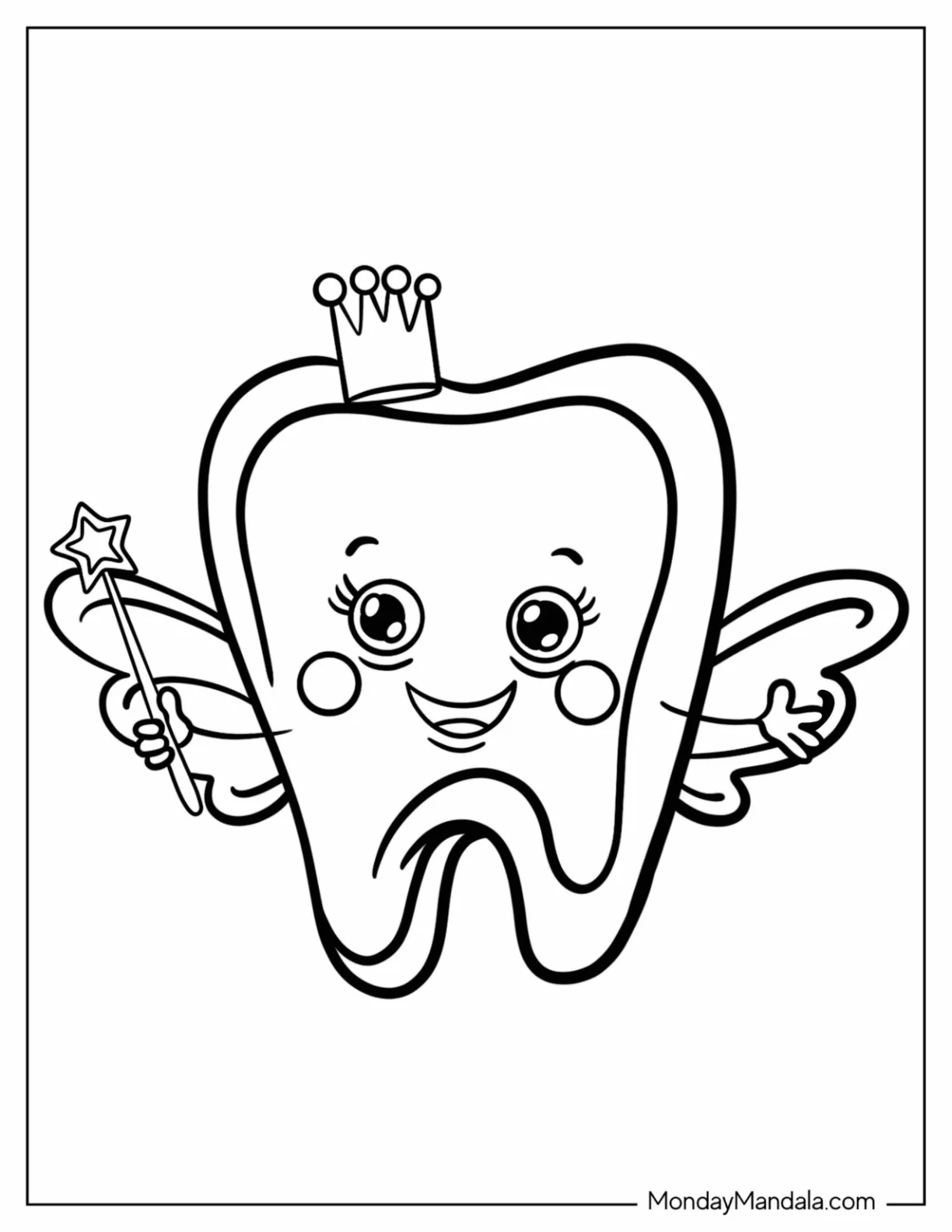 Smiling Tooth Fairy Coloring Page With Crown And Wand For Preschoolers coloring page — printable line art