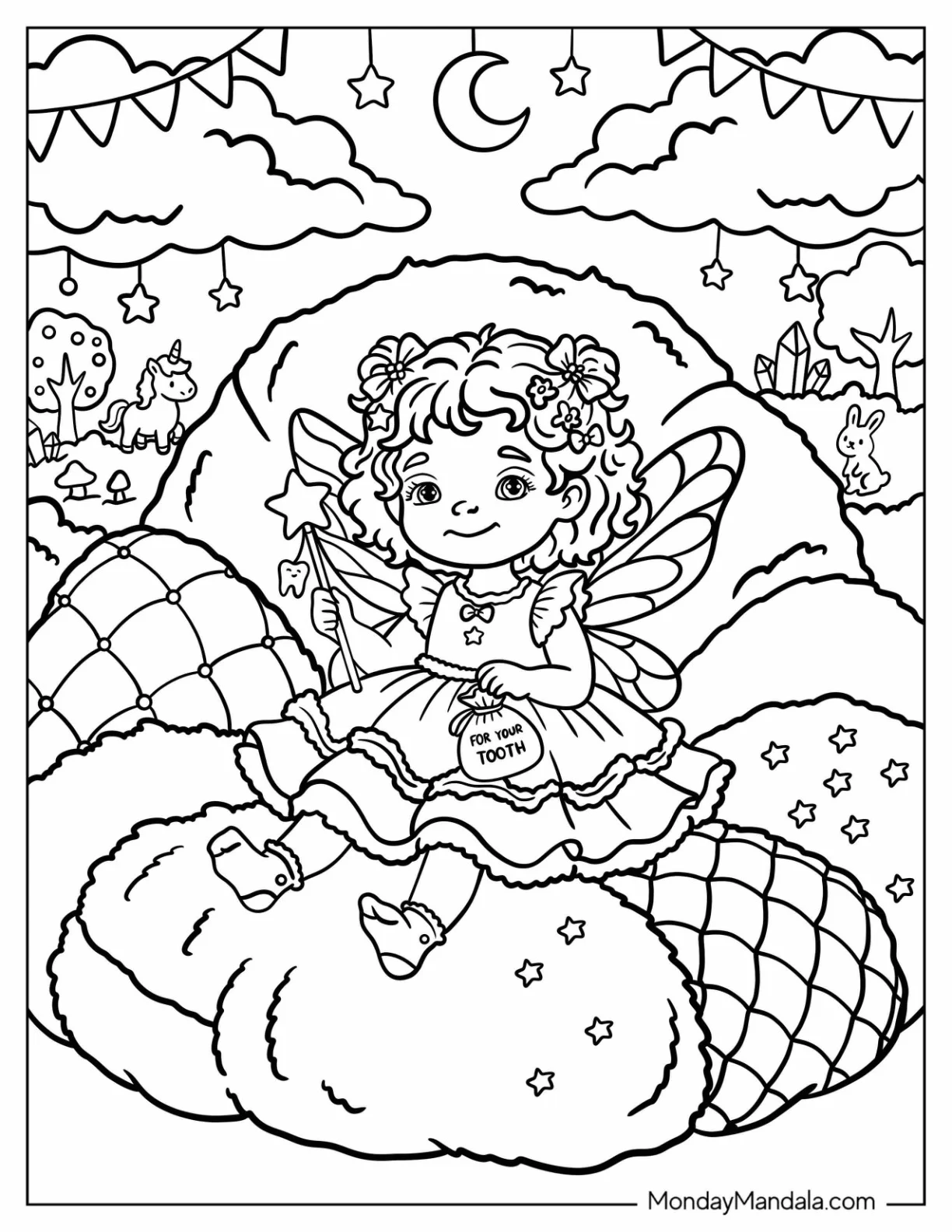 Tiny Tooth Fairy with a Bag of Gold Coins Coloring Page coloring page