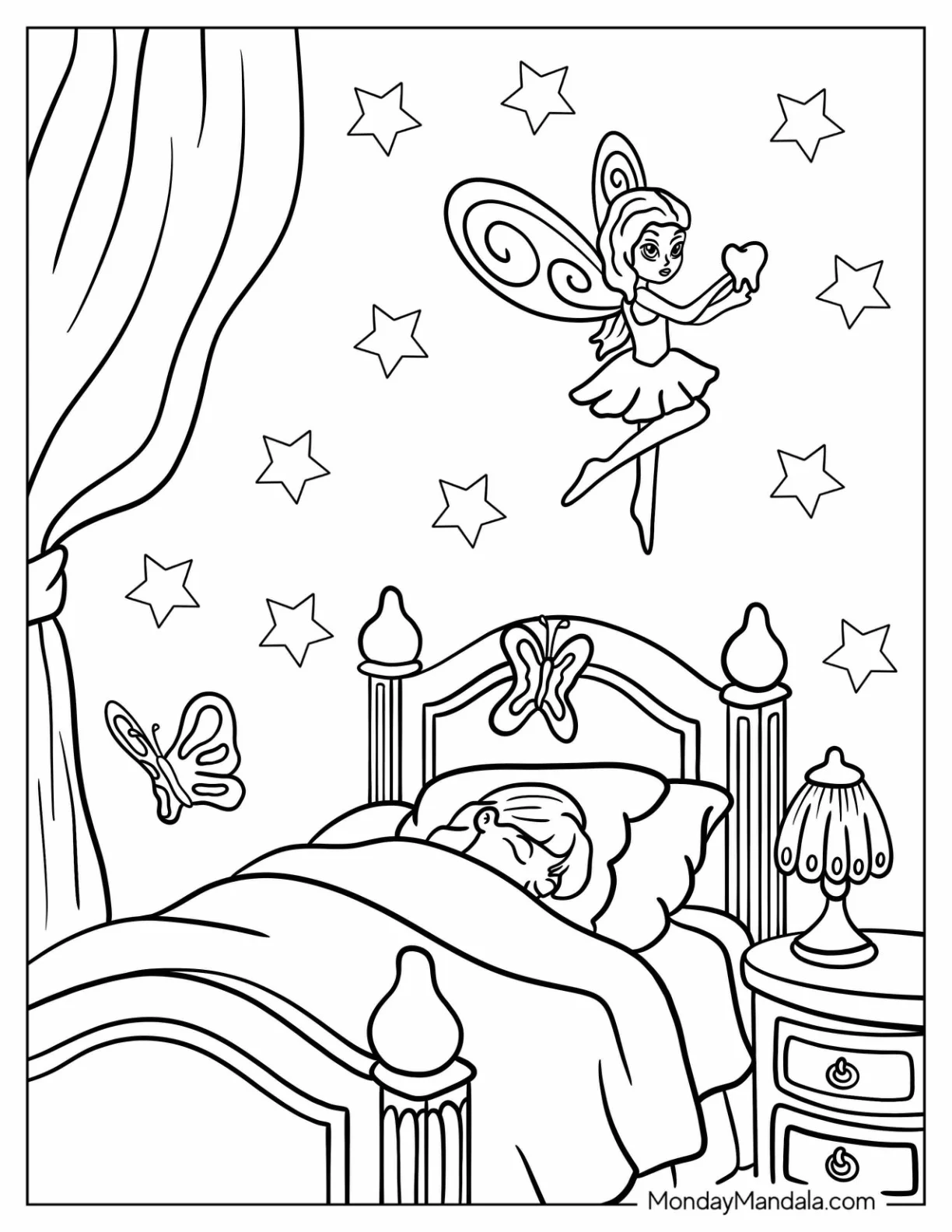 Tooth Fairy Coloring Page Collecting A Sleeping Girl s Tooth coloring page