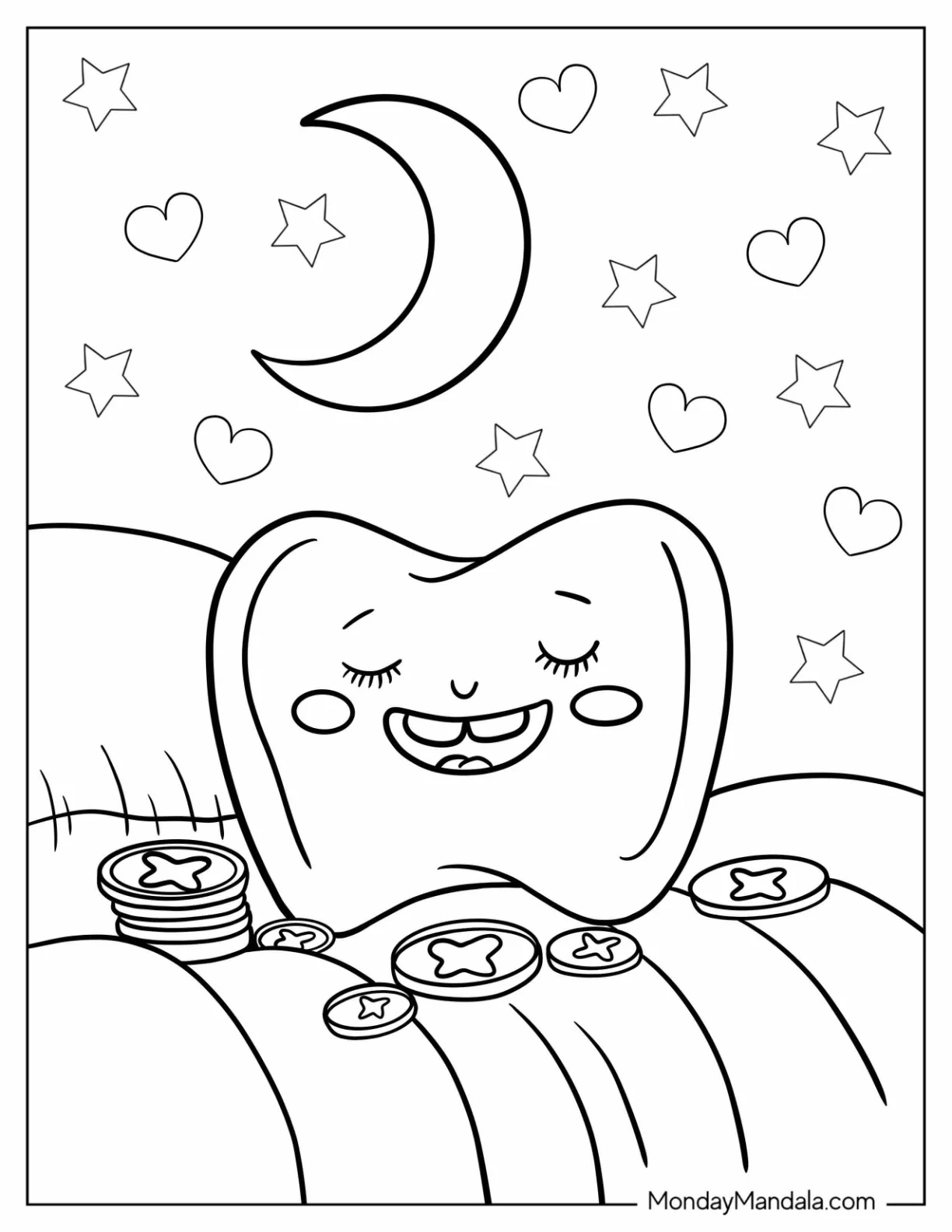 Tooth Fairy Coloring Page Of Smiling Tooth Surrounded By Gold Coins coloring page — printable line art