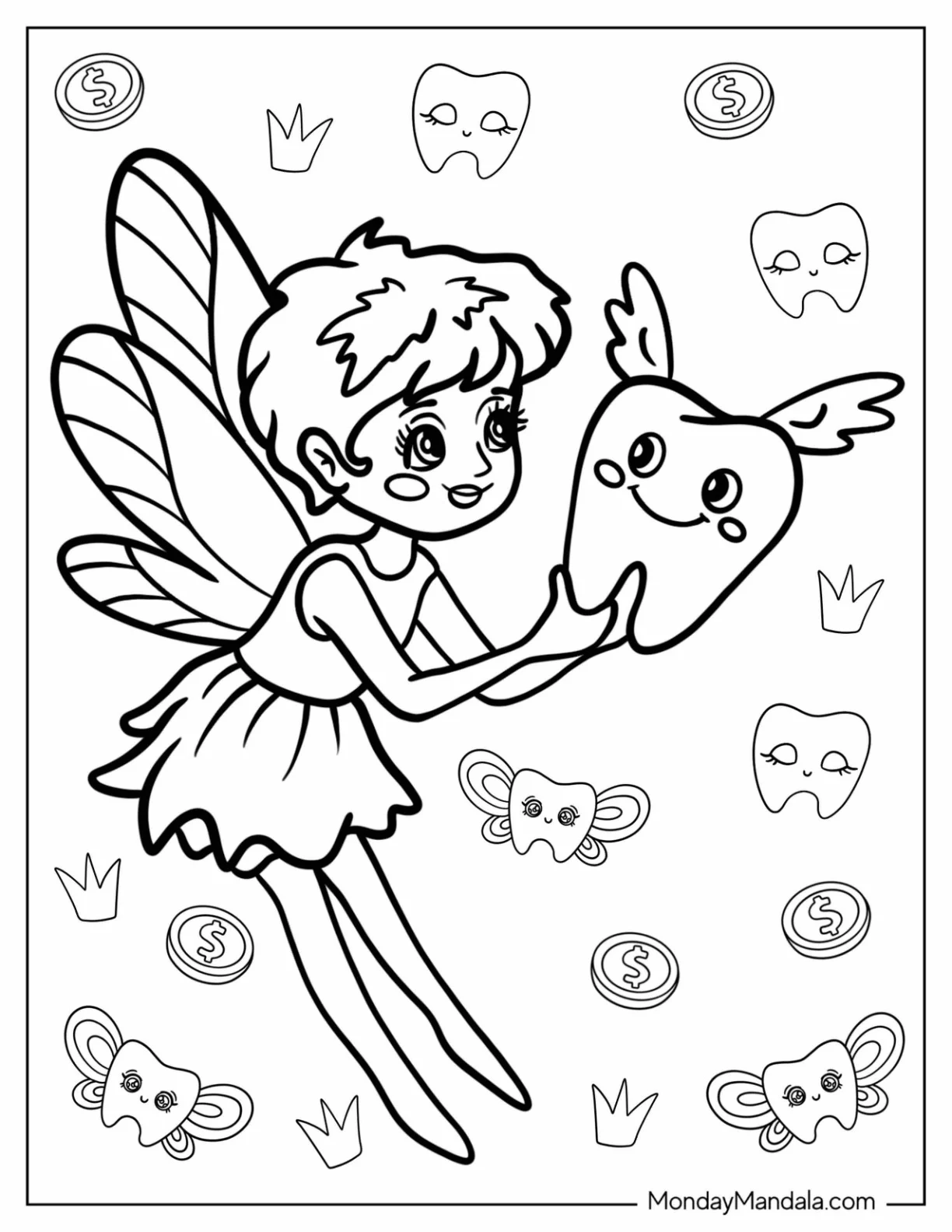 Tooth Fairy Coloring Page Smiling At A Tooth With Wings coloring page