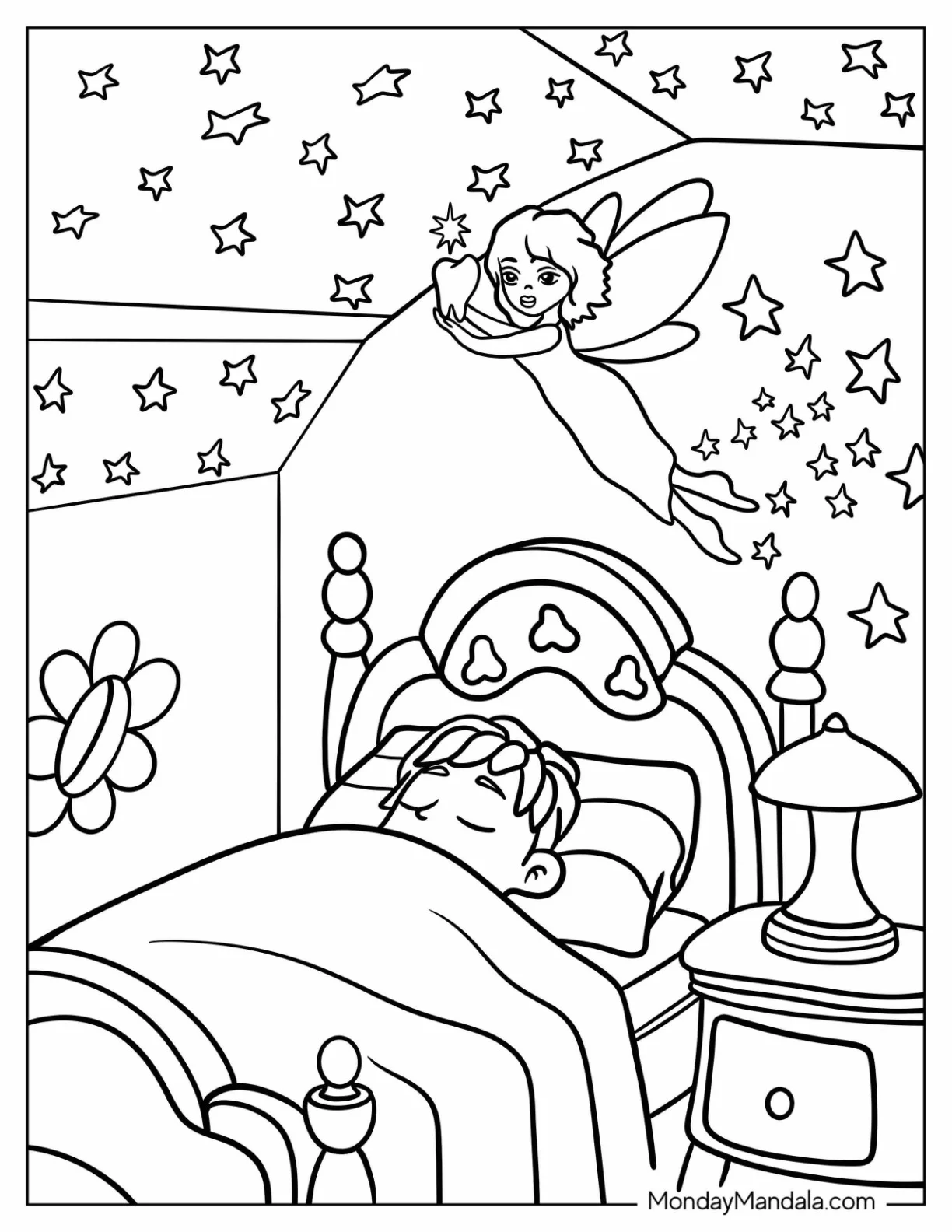 Tooth Fairy Coloring Page Visiting A Little Boy At Night coloring page — printable line art