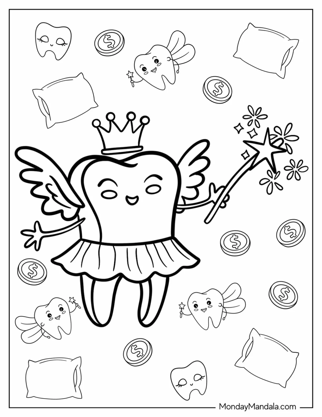 Tooth Fairy Coloring Page Wearing A Tutu And Crown For Kids coloring page — printable line art