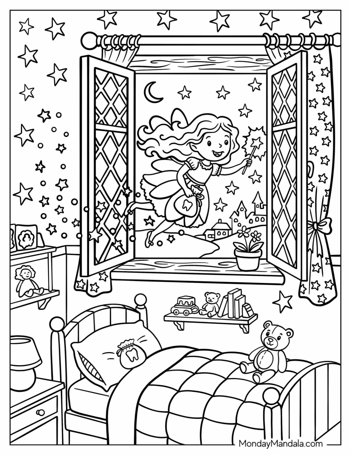 Tooth Fairy Flying into a Bedroom Coloring Sheet coloring page — printable line art