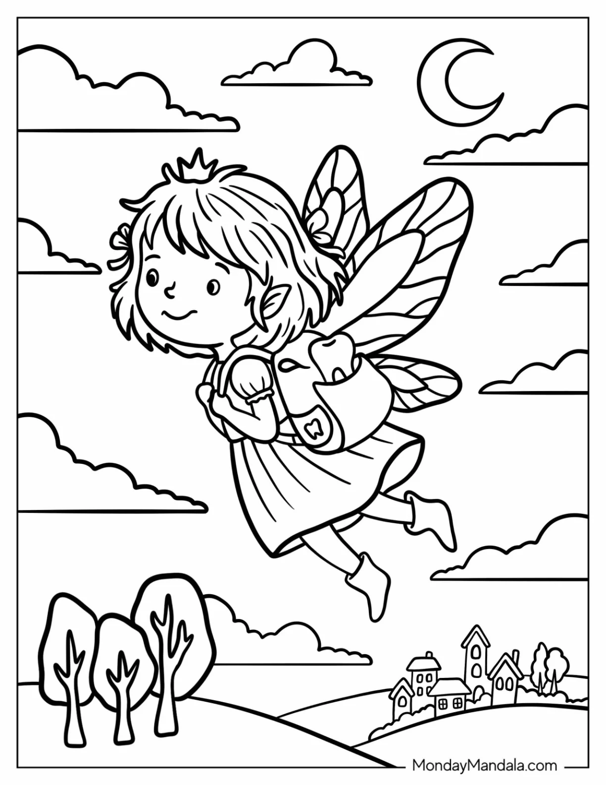 Tooth Fairy Flying Under the Moon Coloring Page coloring page — printable line art