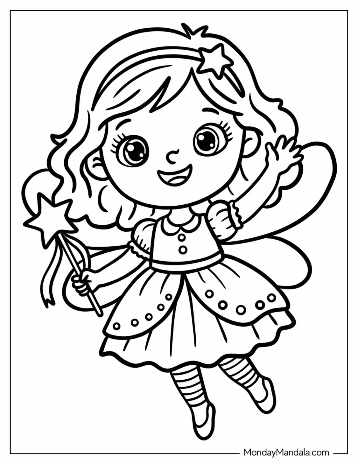 Tooth Fairy Flying with a Star Wand Coloring Page for Kids coloring page