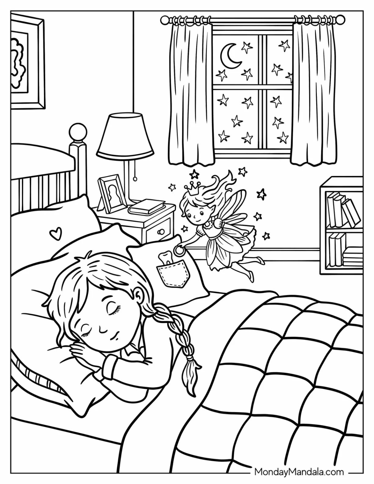 Tooth Fairy Giving a Sleeping Girl a Gold Coin Coloring Sheet coloring page — printable line art