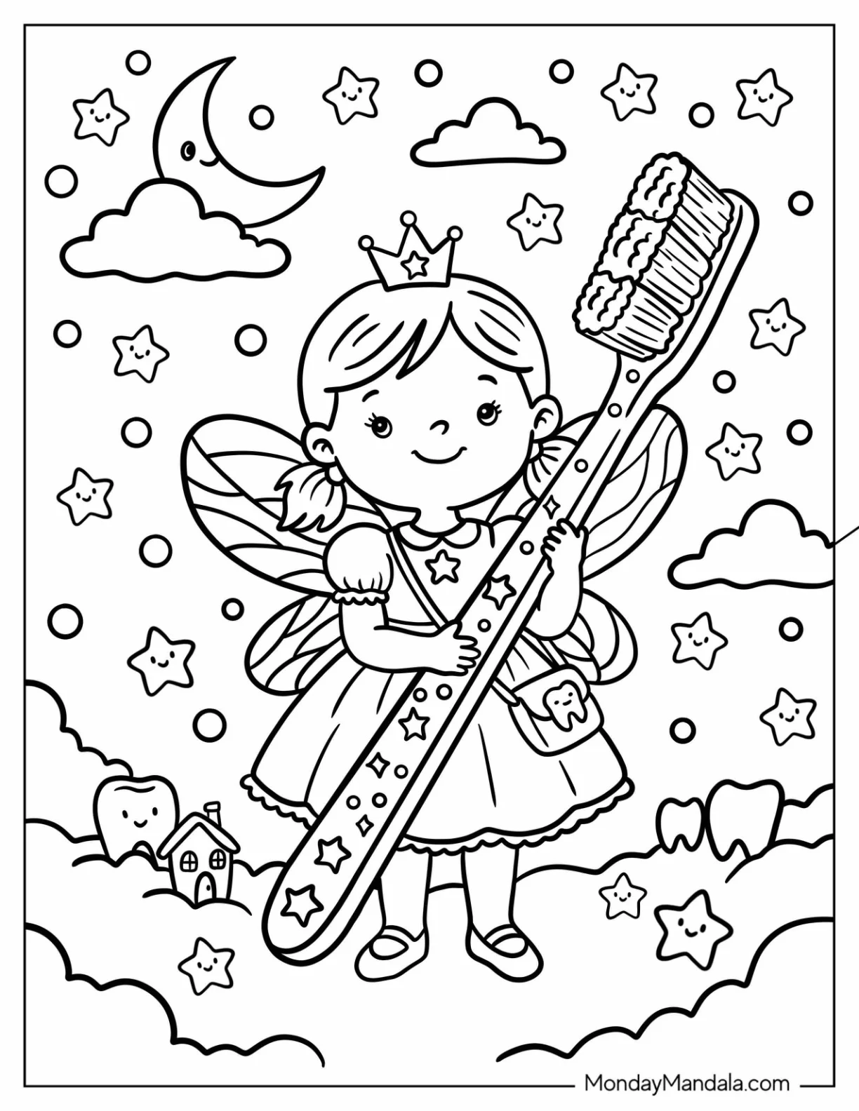 Tooth Fairy Holding a Giant Toothbrush Under the Stars Coloring Page for Kids coloring page — printable line art
